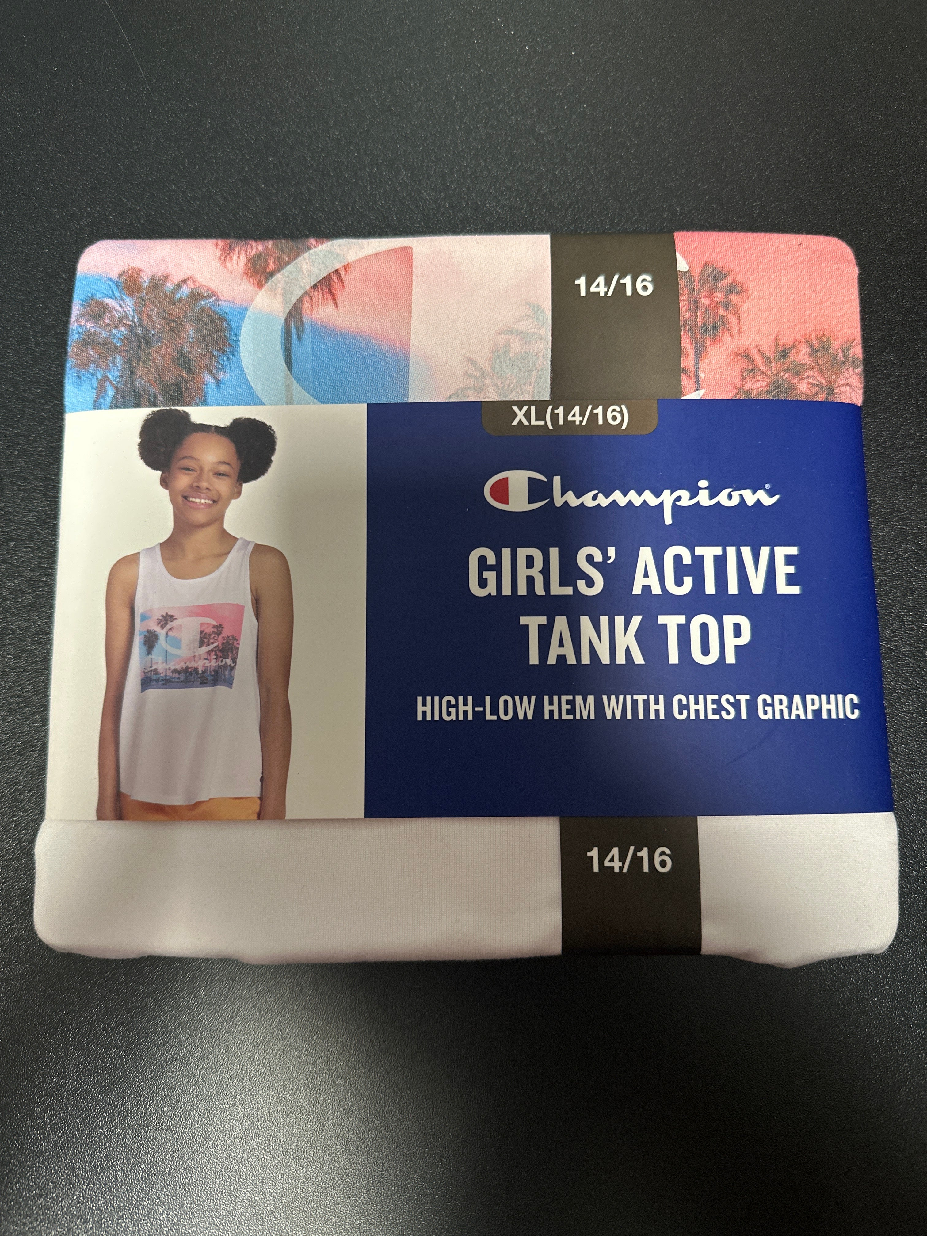 Champion Girl’s Active Tank Top T-Shirt – Size XL 14/16 (High-Low Hem with Chest Graphic)
