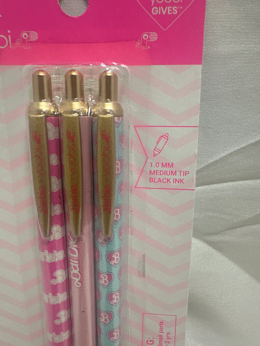 Barbie Yoobi Ballpoint Pens 3 Pack Black Ink 1.0mm Medium Tip Cute Design
