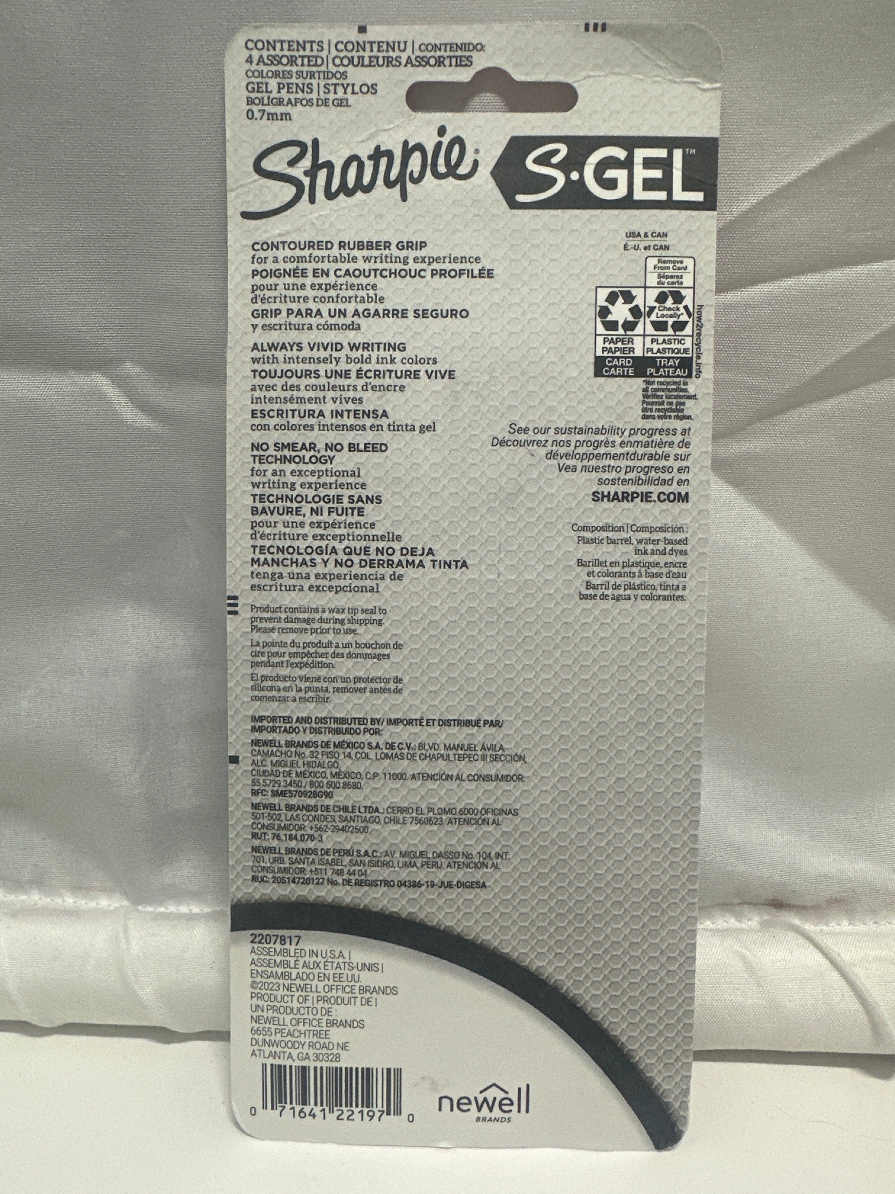 Sharpie S-Gel Pens 4 Pack 0.7mm Medium No Smear Assorted Colors