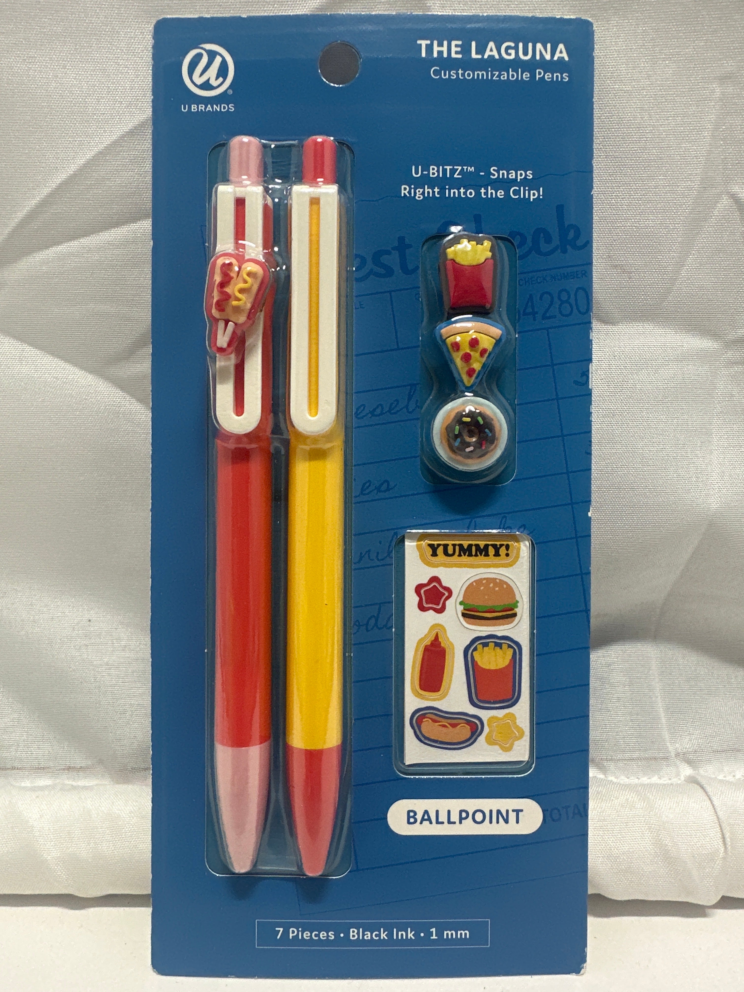 U Brands Laguna Customizable Pens Set 7pc Ballpoint Black Ink 1mm Food Charms Yummy