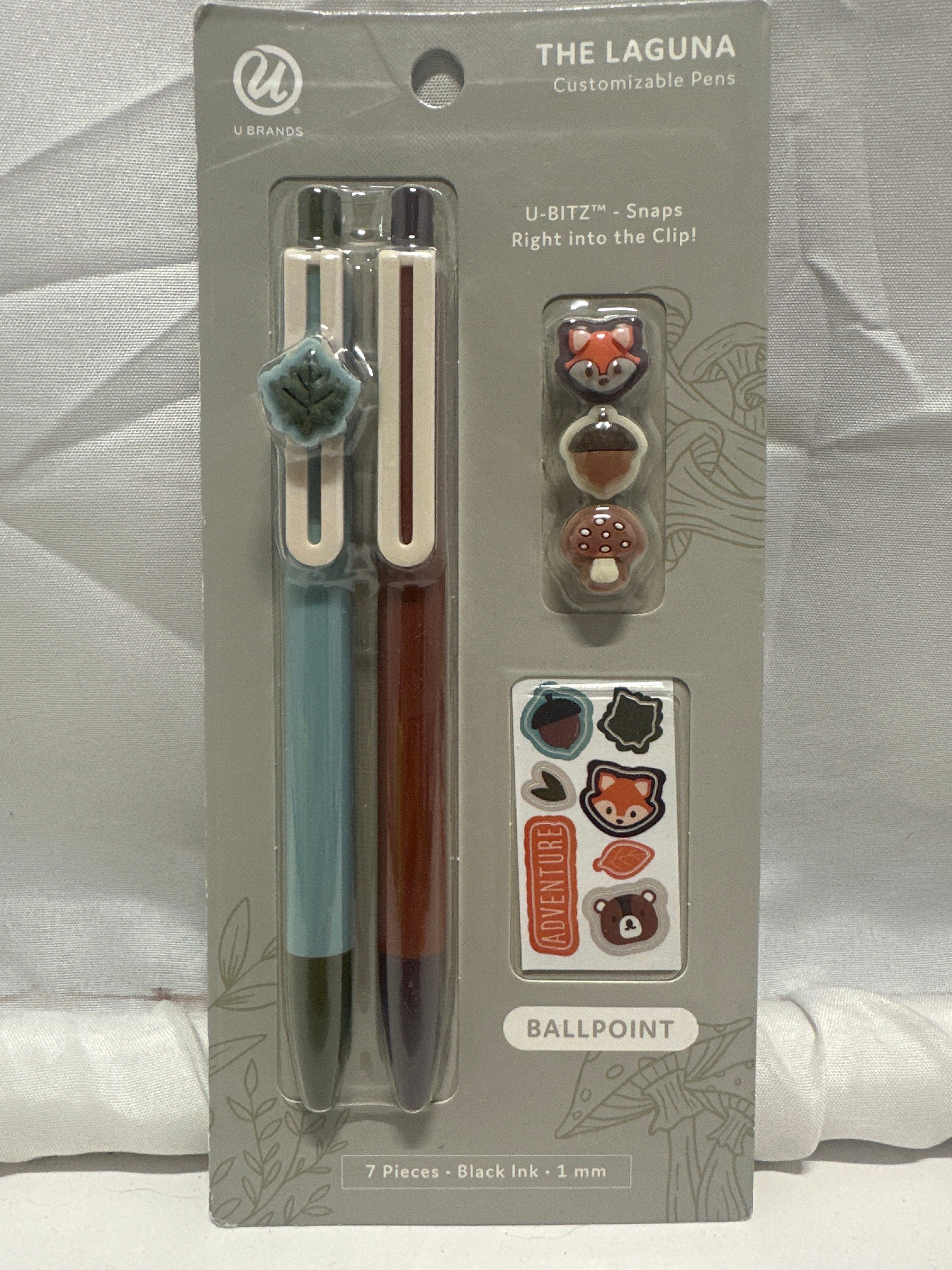 U Brands Laguna Customizable Pens Set 7pc Ballpoint Black Ink 1mm Fox Nature Charms