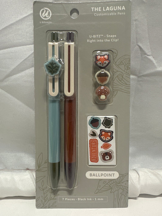 U Brands Laguna Customizable Pens Set 7pc Ballpoint Black Ink 1mm Fox Nature Charms