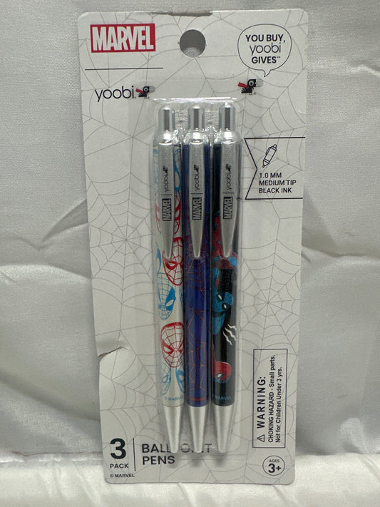 Marvel Yoobi Spider Man Ballpoint Pens 3 Pack 1.0mm Black Ink School Office