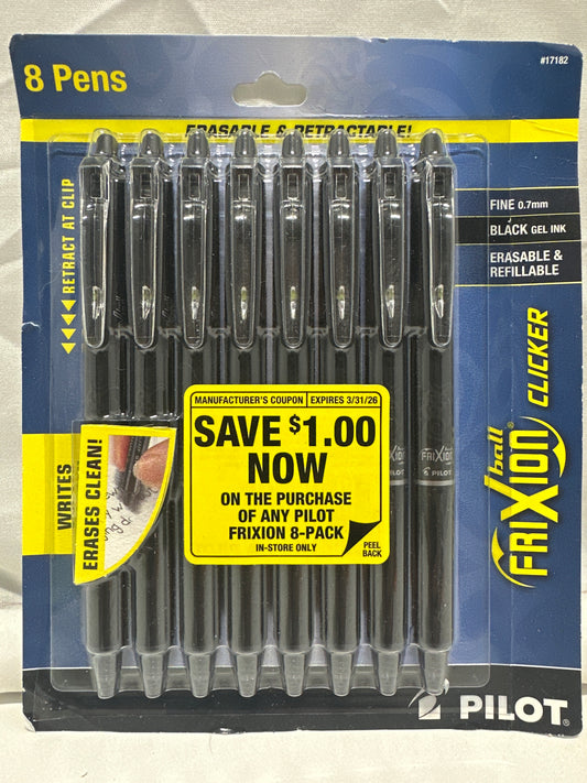 Pilot FriXion Clicker Erasable Gel Pens 8 Pack Black Ink 0.7mm Retractable