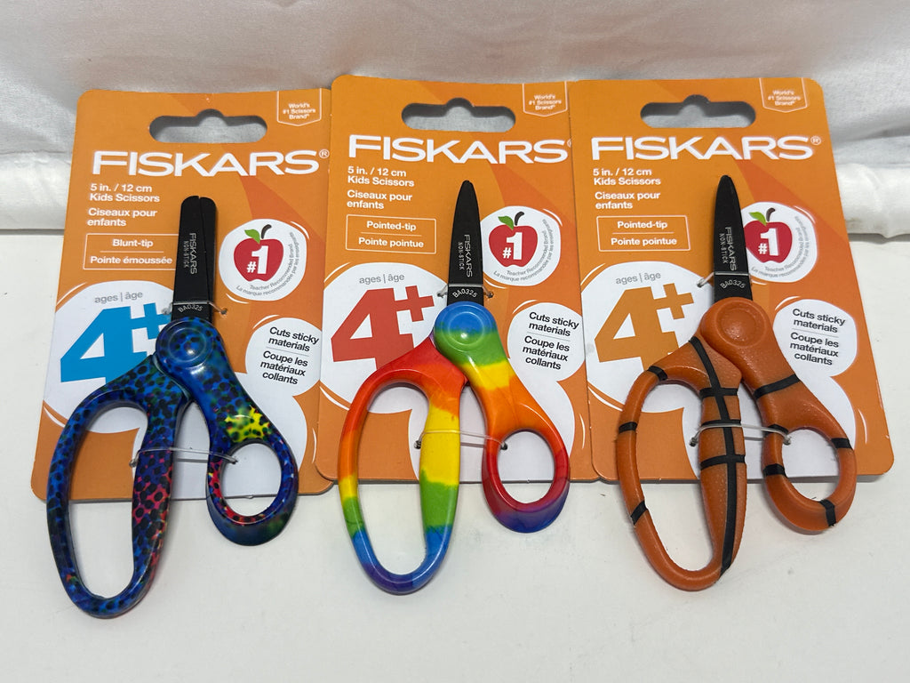 Fiskars Kids Scissors 3 Pack 5” Ages 4+ Blue Speckled Rainbow Basketball School