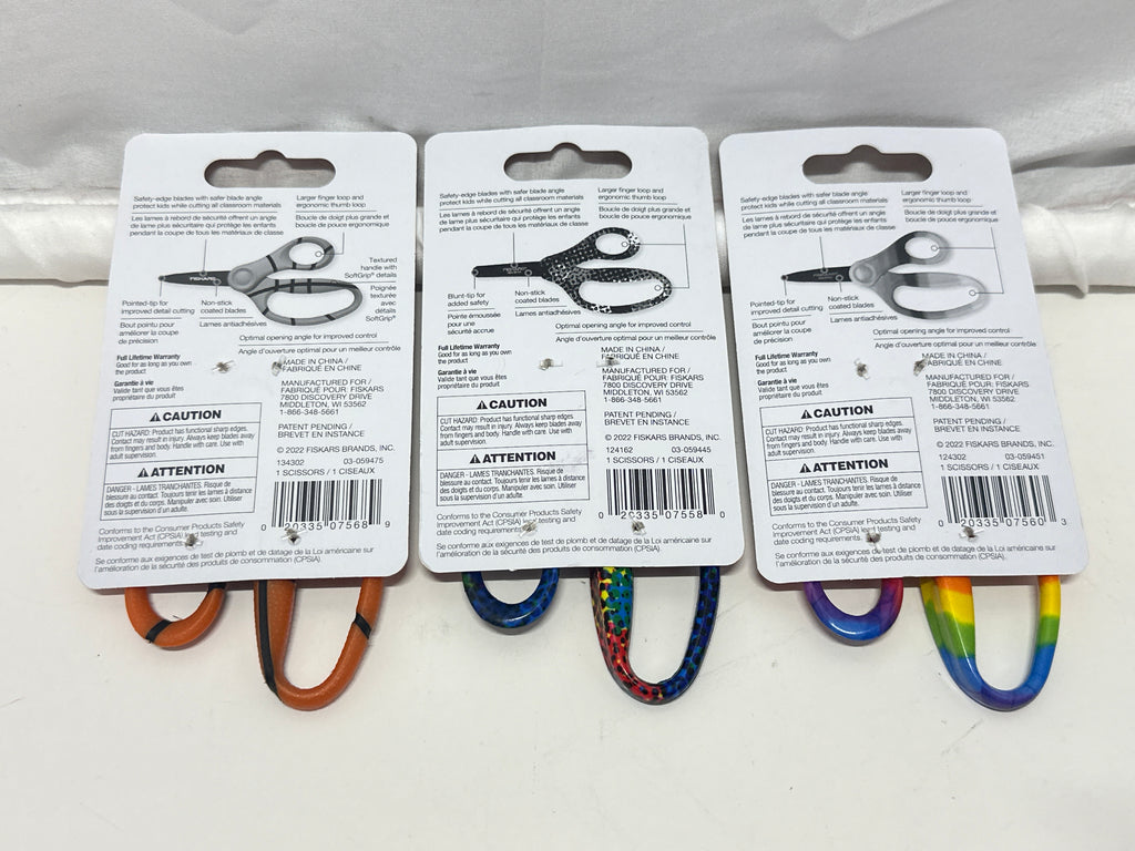 Fiskars Kids Scissors 3 Pack 5” Ages 4+ Blue Speckled Rainbow Basketball School