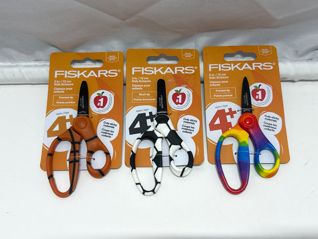 Fiskars Kids Scissors 3 Pack Basketball Soccer Rainbow Designs