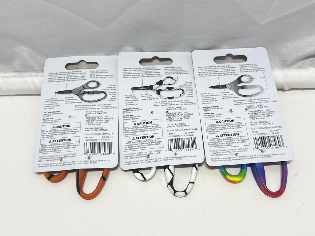 Fiskars Kids Scissors 3 Pack Basketball Soccer Rainbow Designs
