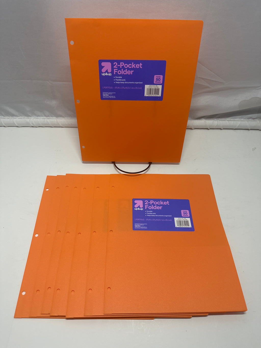 Up&Up 2 Pocket Folders 8 Pack Orange Poly 3 Hole Punch Holds 50 Sheets Durable