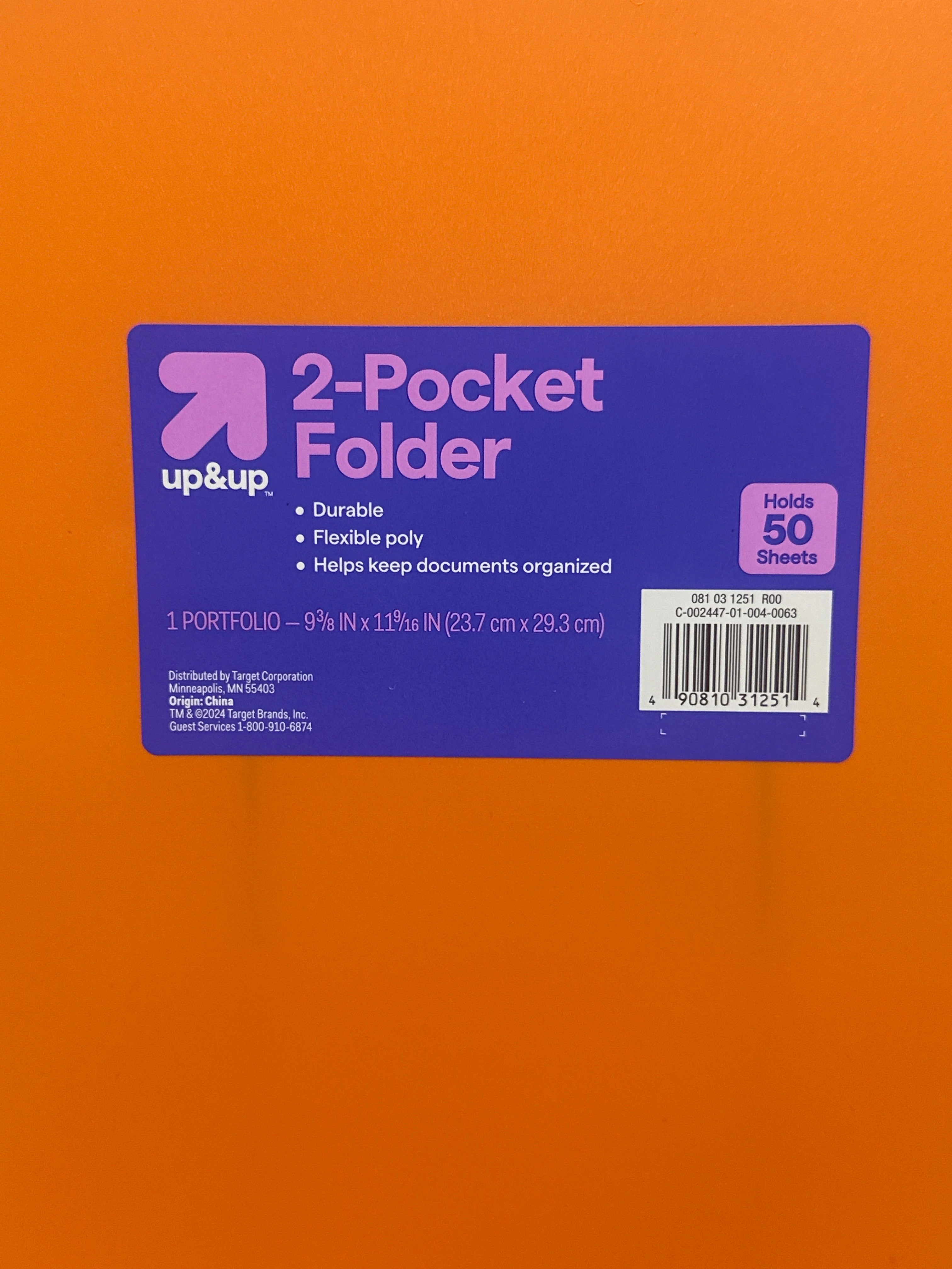 Up&Up 2 Pocket Folders 8 Pack Orange Poly 3 Hole Punch Holds 50 Sheets Durable