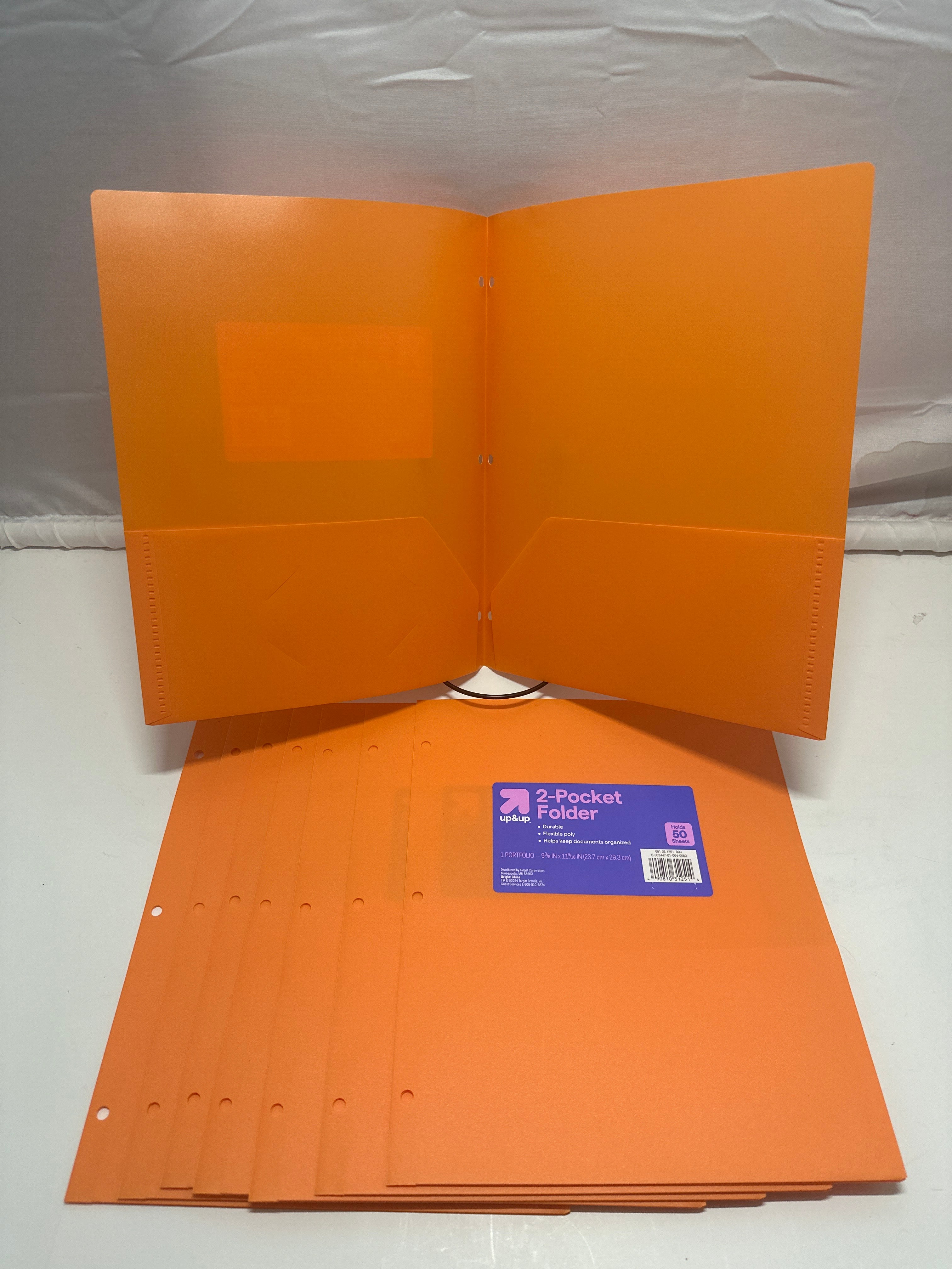 Up&Up 2 Pocket Folders 8 Pack Orange Poly 3 Hole Punch Holds 50 Sheets Durable
