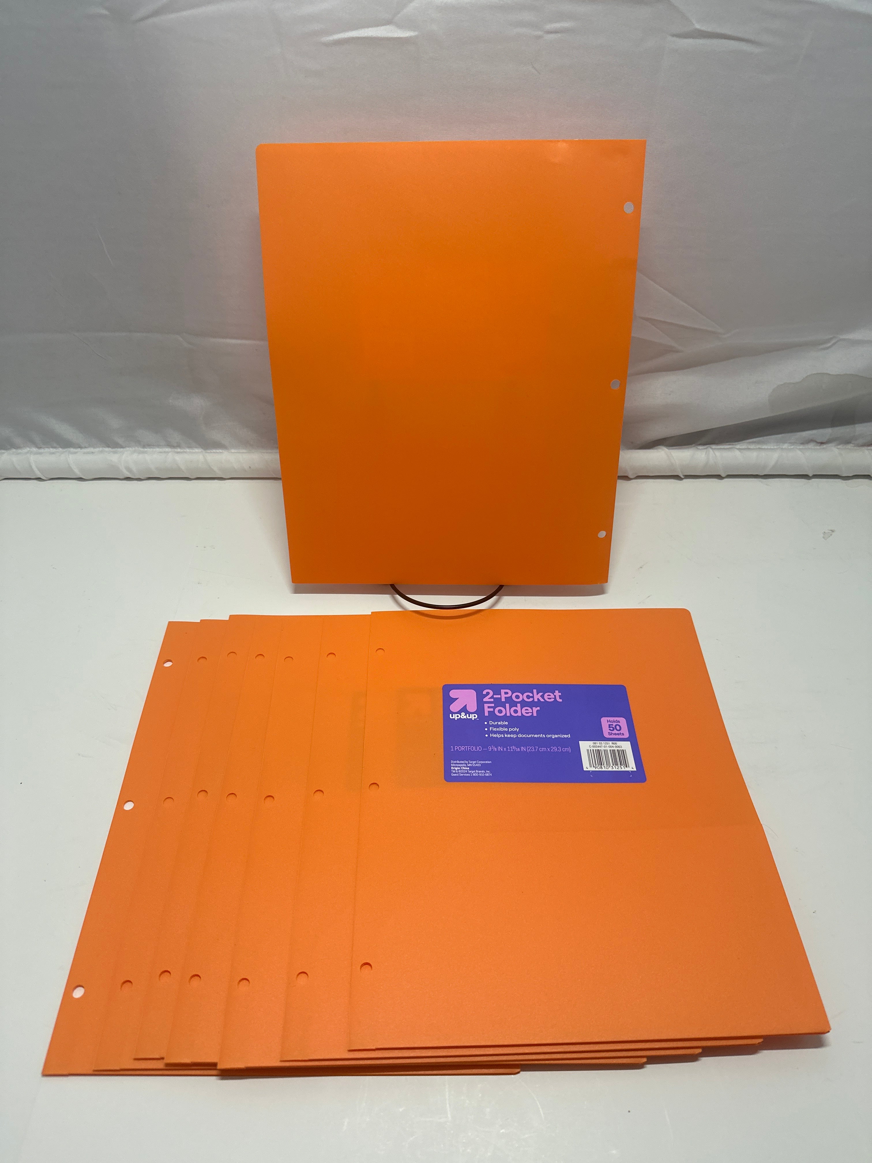 Up&Up 2 Pocket Folders 8 Pack Orange Poly 3 Hole Punch Holds 50 Sheets Durable