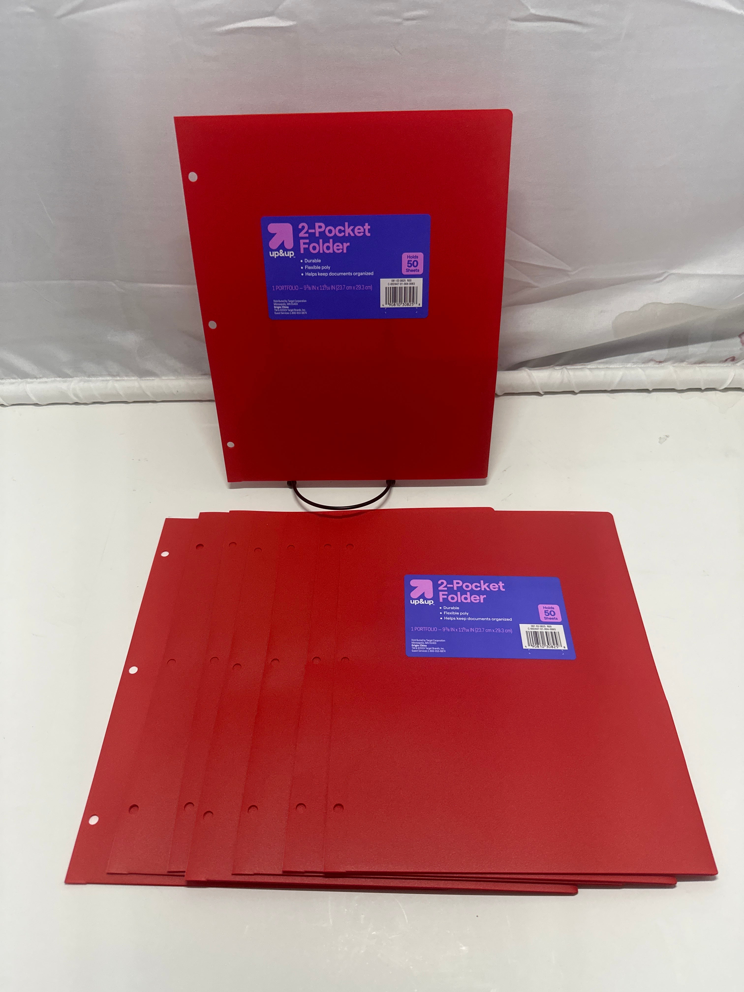 Up&Up 2 Pocket Folders 8 Pack Red Poly 3 Hole Punch Holds 50 Sheets Durable