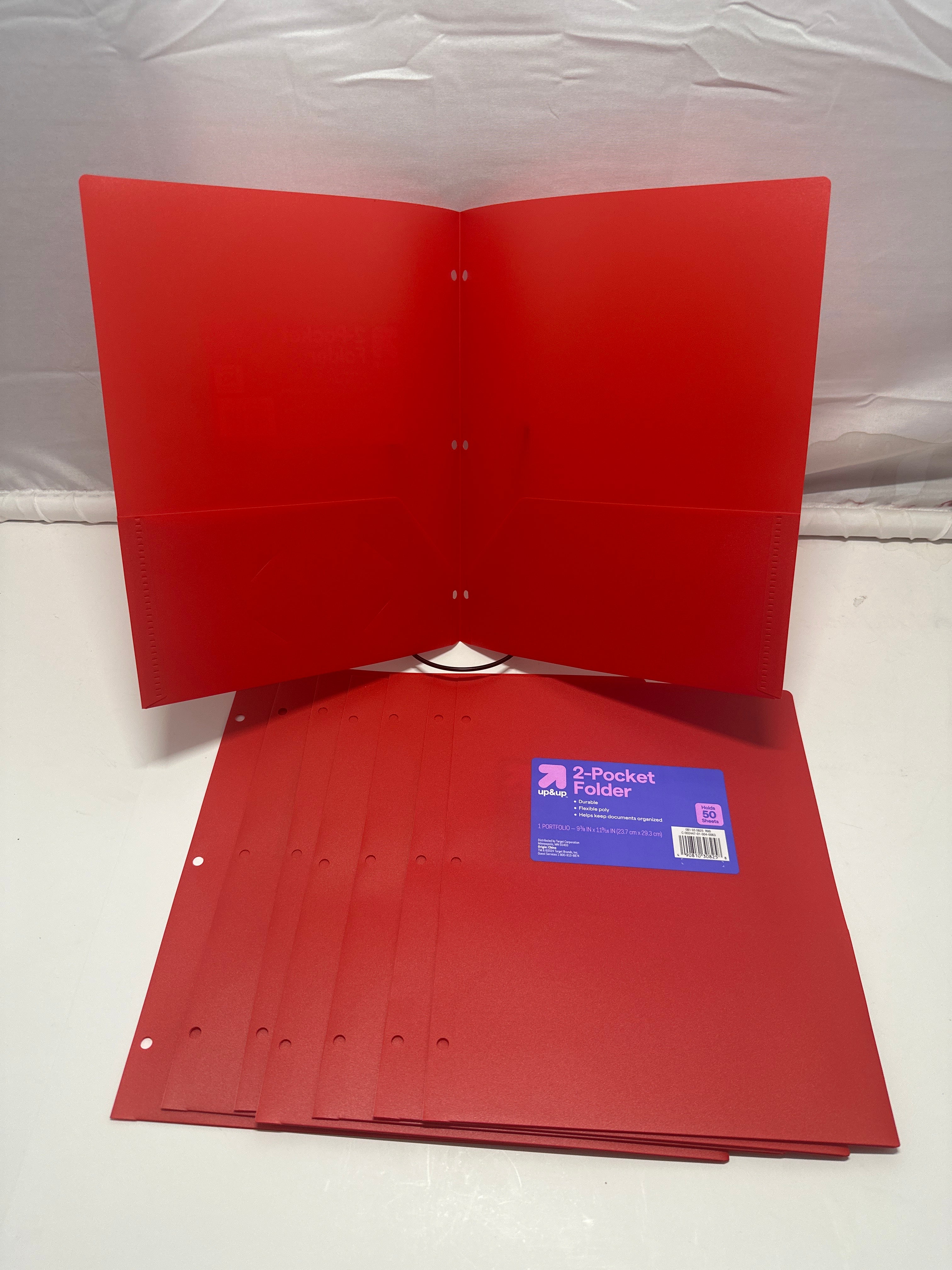 Up&Up 2 Pocket Folders 8 Pack Red Poly 3 Hole Punch Holds 50 Sheets Durable