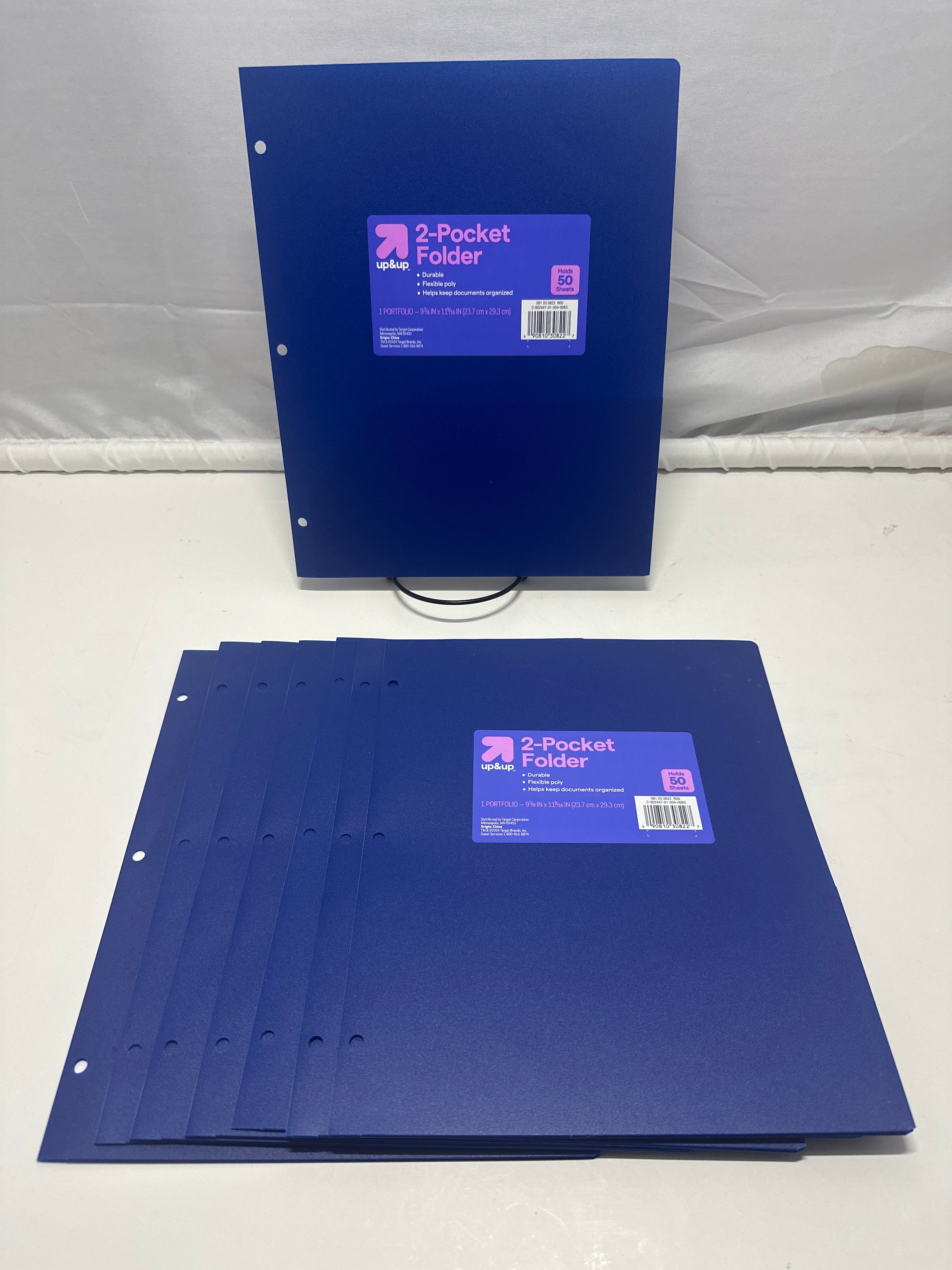 Up&Up 2 Pocket Folders 8 Pack Blue Poly 3 Hole Punch Holds 50 Sheets Durable