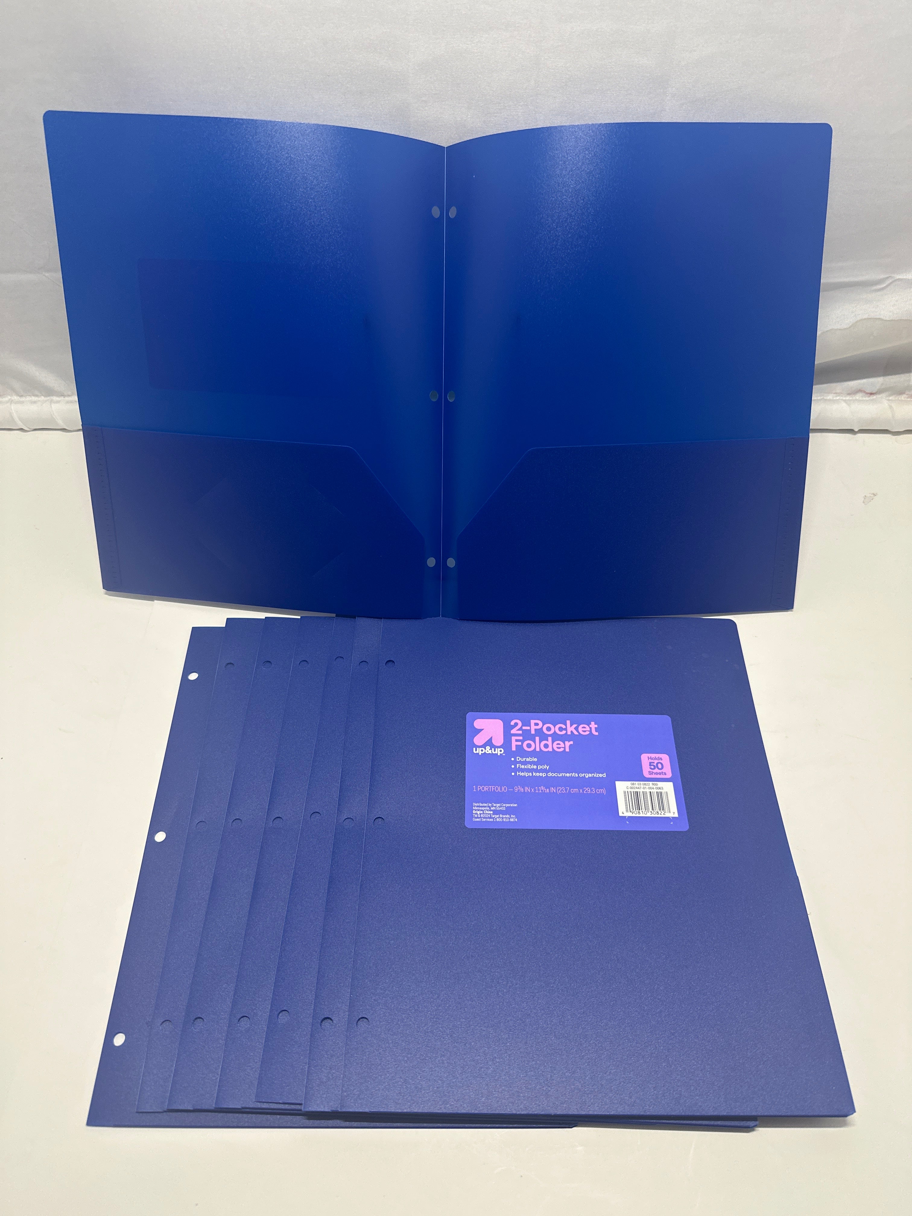 Up&Up 2 Pocket Folders 8 Pack Blue Poly 3 Hole Punch Holds 50 Sheets Durable