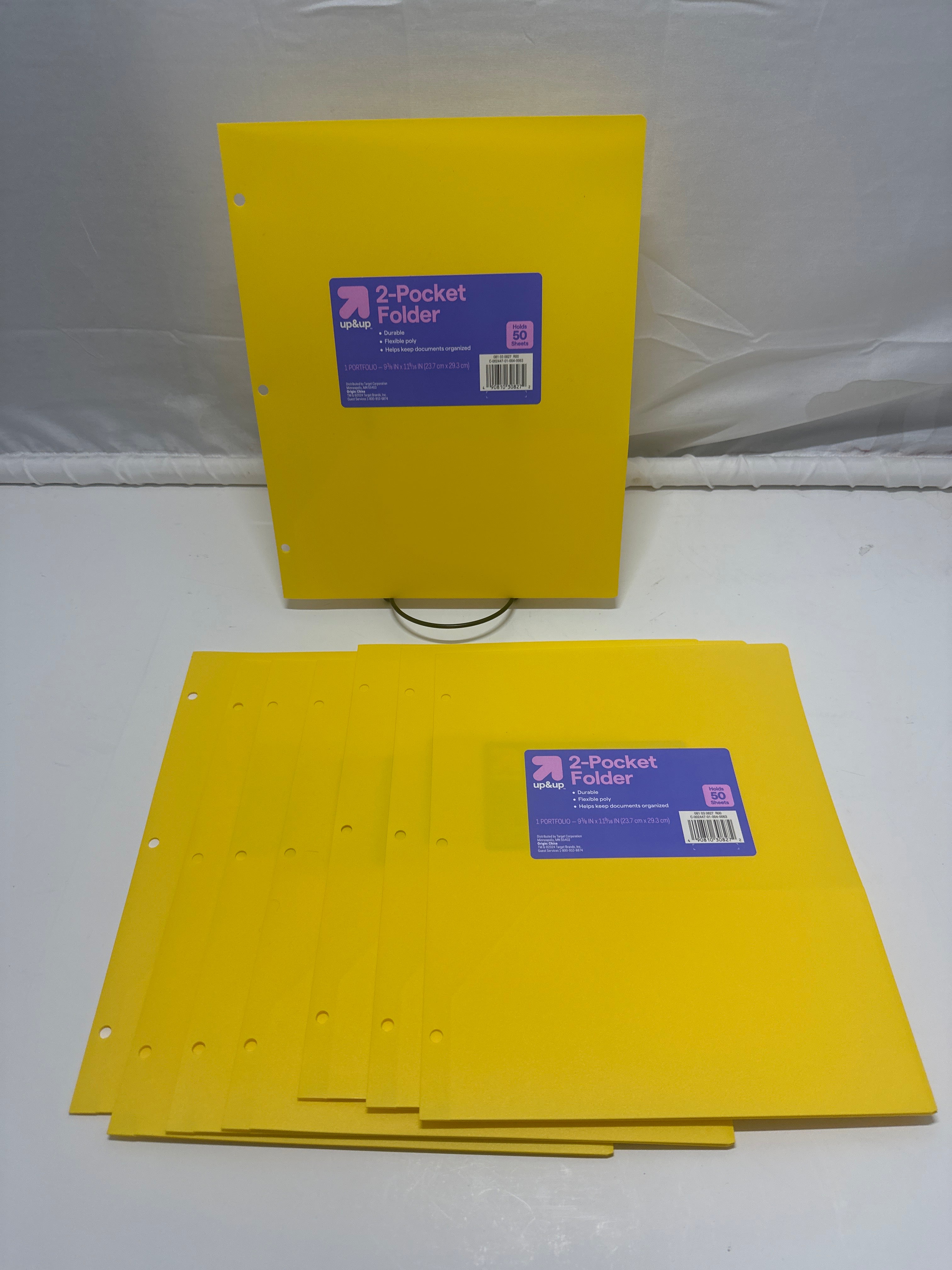 Up&Up 2 Pocket Folders 8 Pack Yellow Poly 3 Hole Punch Holds 50 Sheets Durable