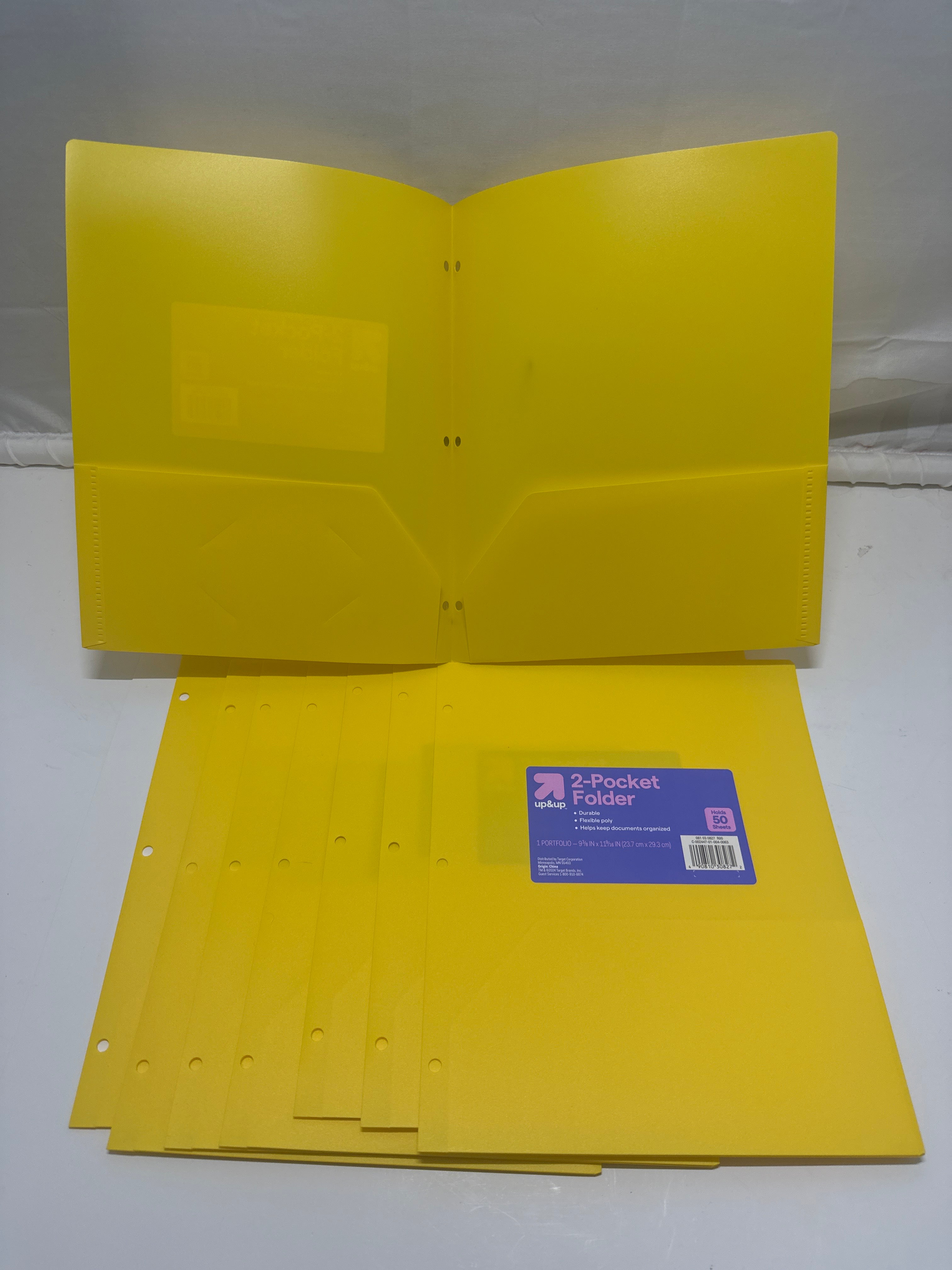 Up&Up 2 Pocket Folders 8 Pack Yellow Poly 3 Hole Punch Holds 50 Sheets Durable