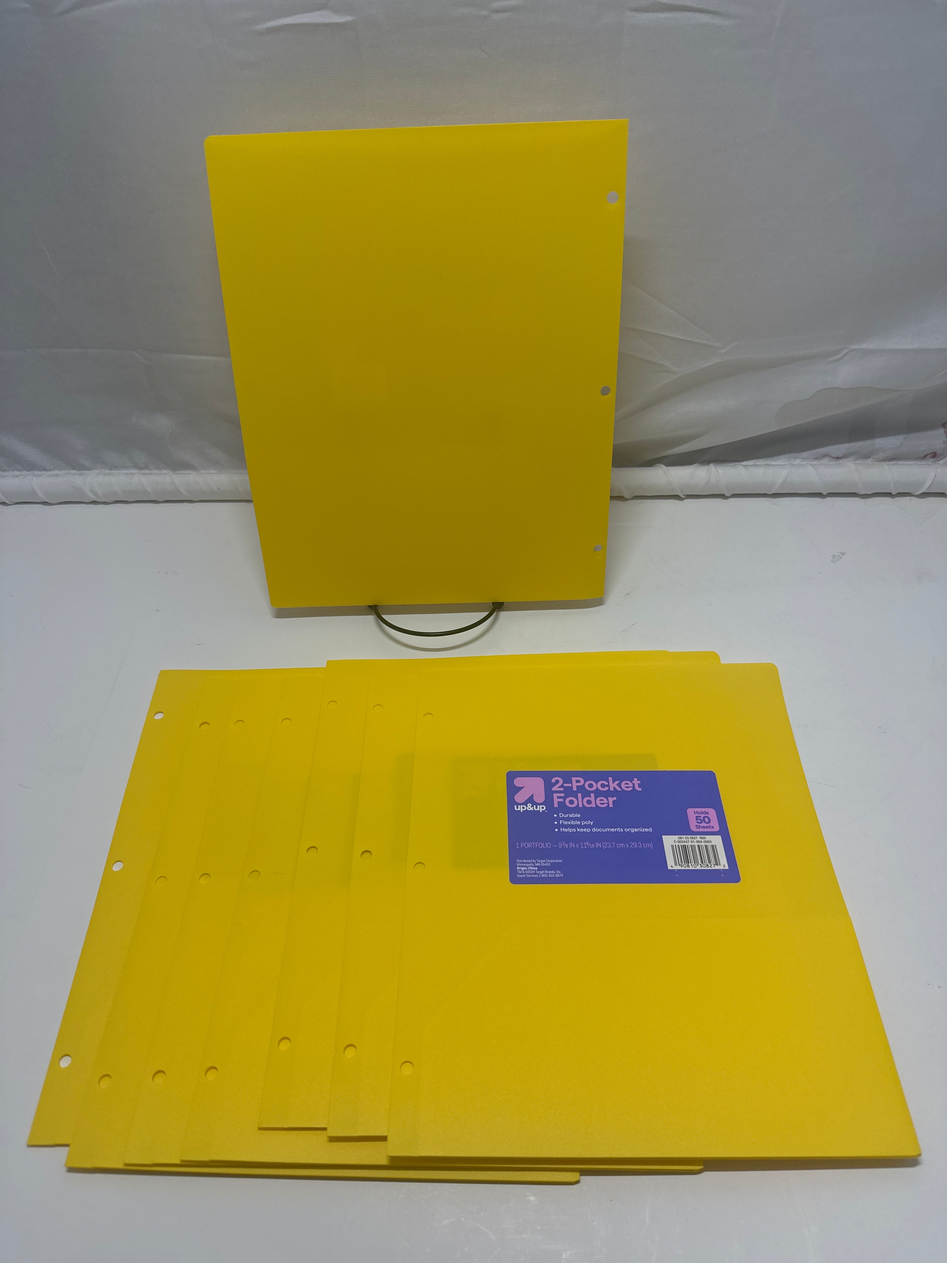 Up&Up 2 Pocket Folders 8 Pack Yellow Poly 3 Hole Punch Holds 50 Sheets Durable