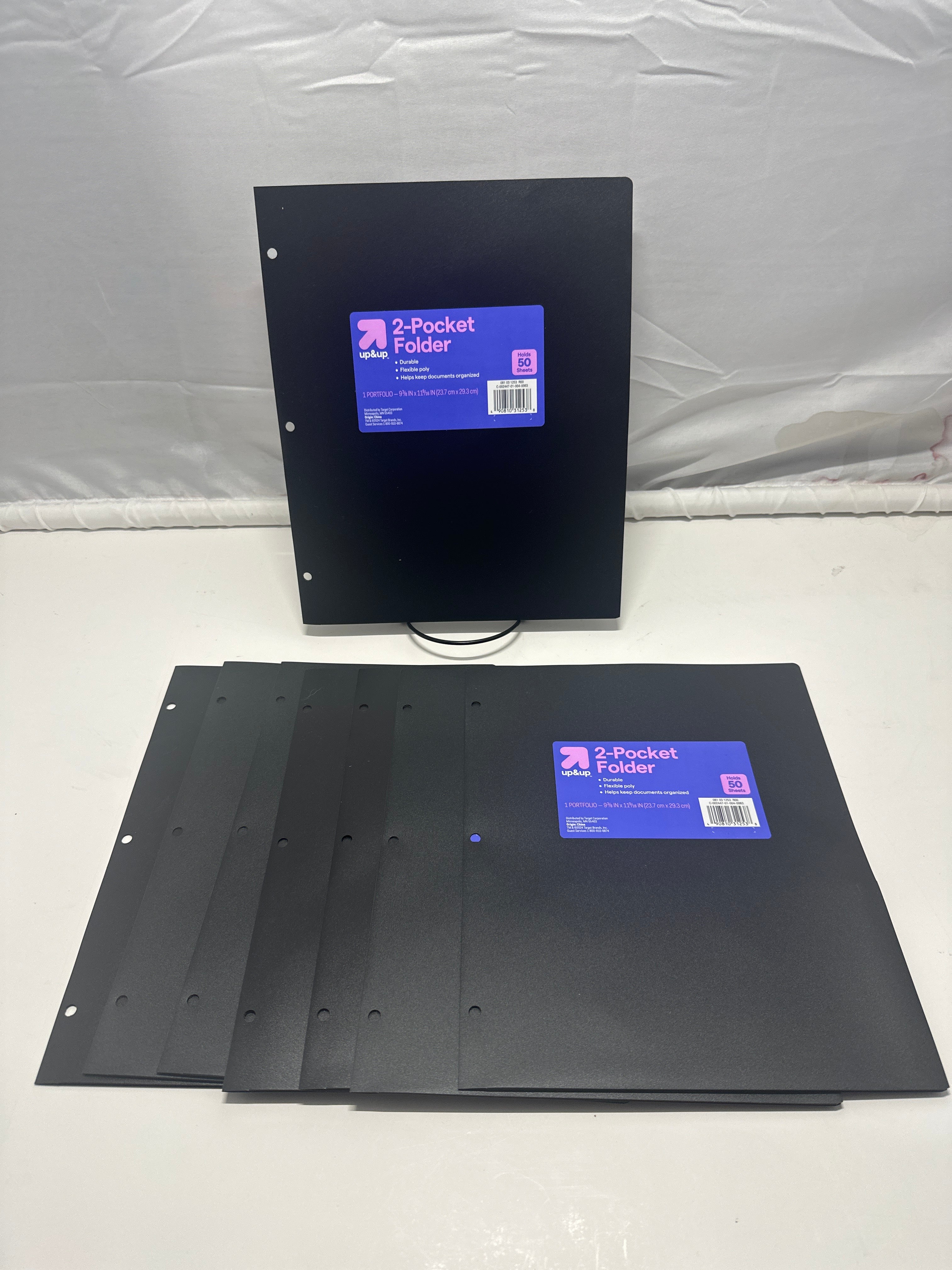 Up&Up 2 Pocket Folders 8 Pack Black Poly 3 Hole Punch Holds 50 Sheets Durable