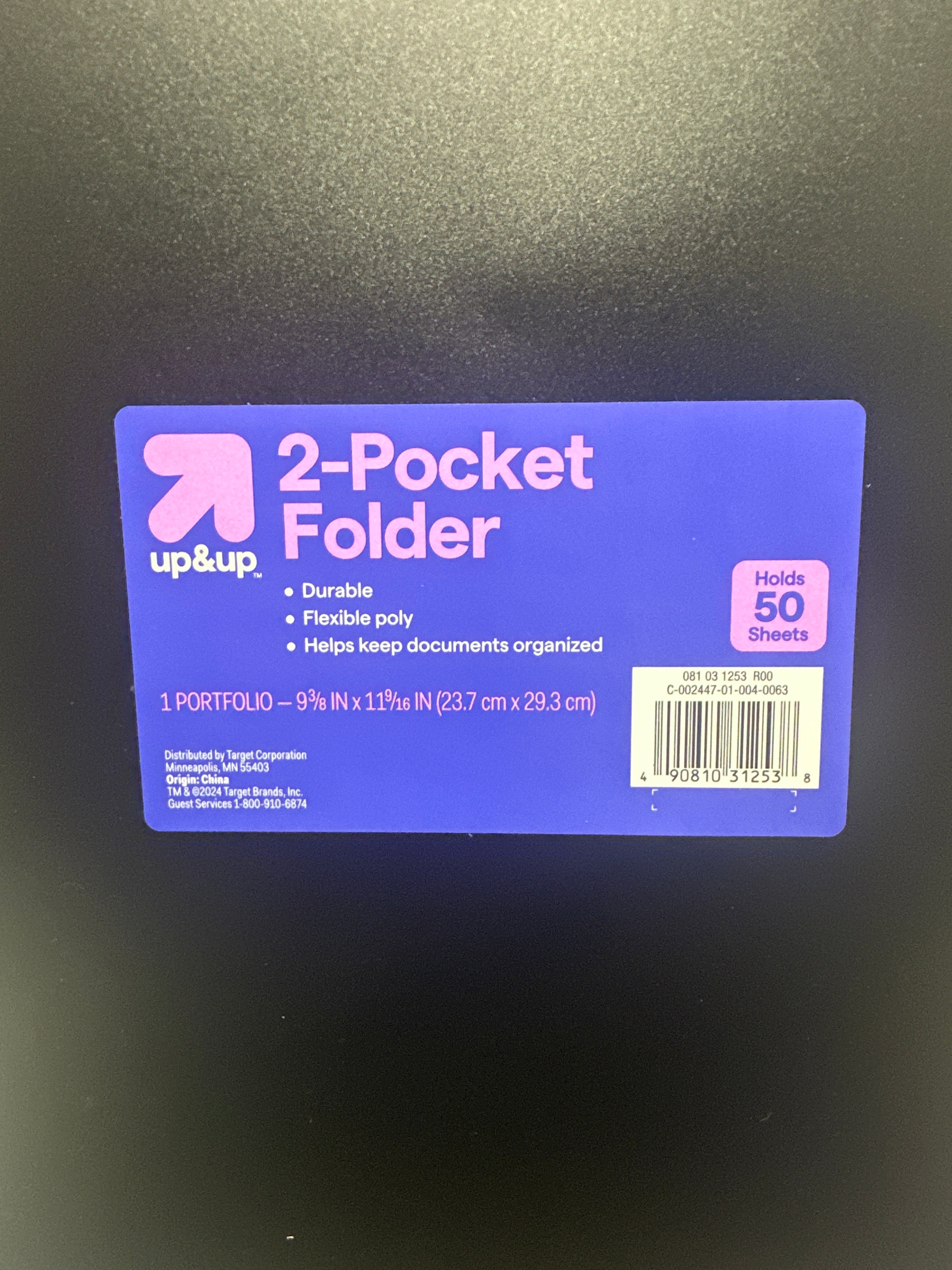 Up&Up 2 Pocket Folders 8 Pack Black Poly 3 Hole Punch Holds 50 Sheets Durable