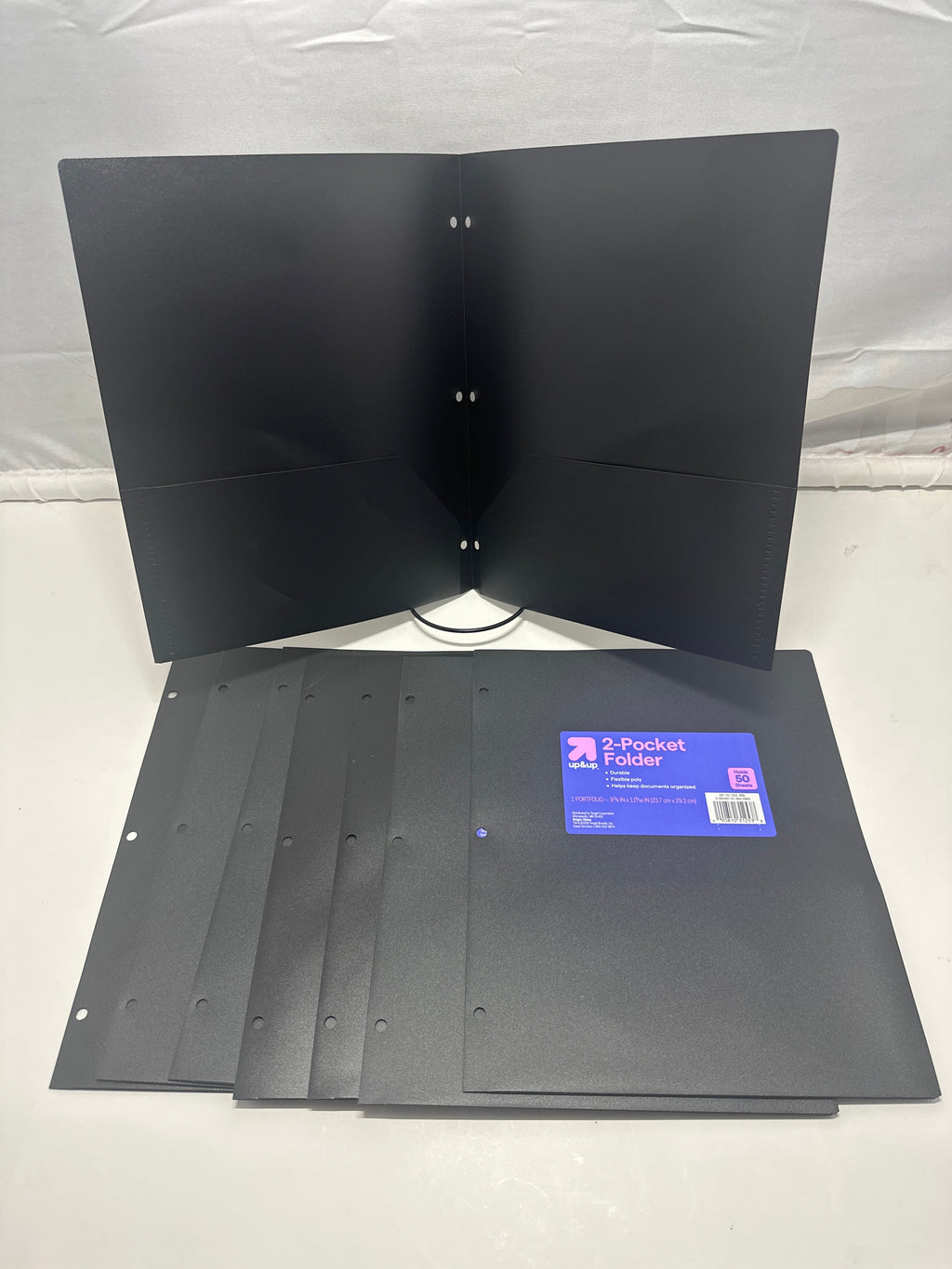 Up&Up 2 Pocket Folders 8 Pack Black Poly 3 Hole Punch Holds 50 Sheets Durable