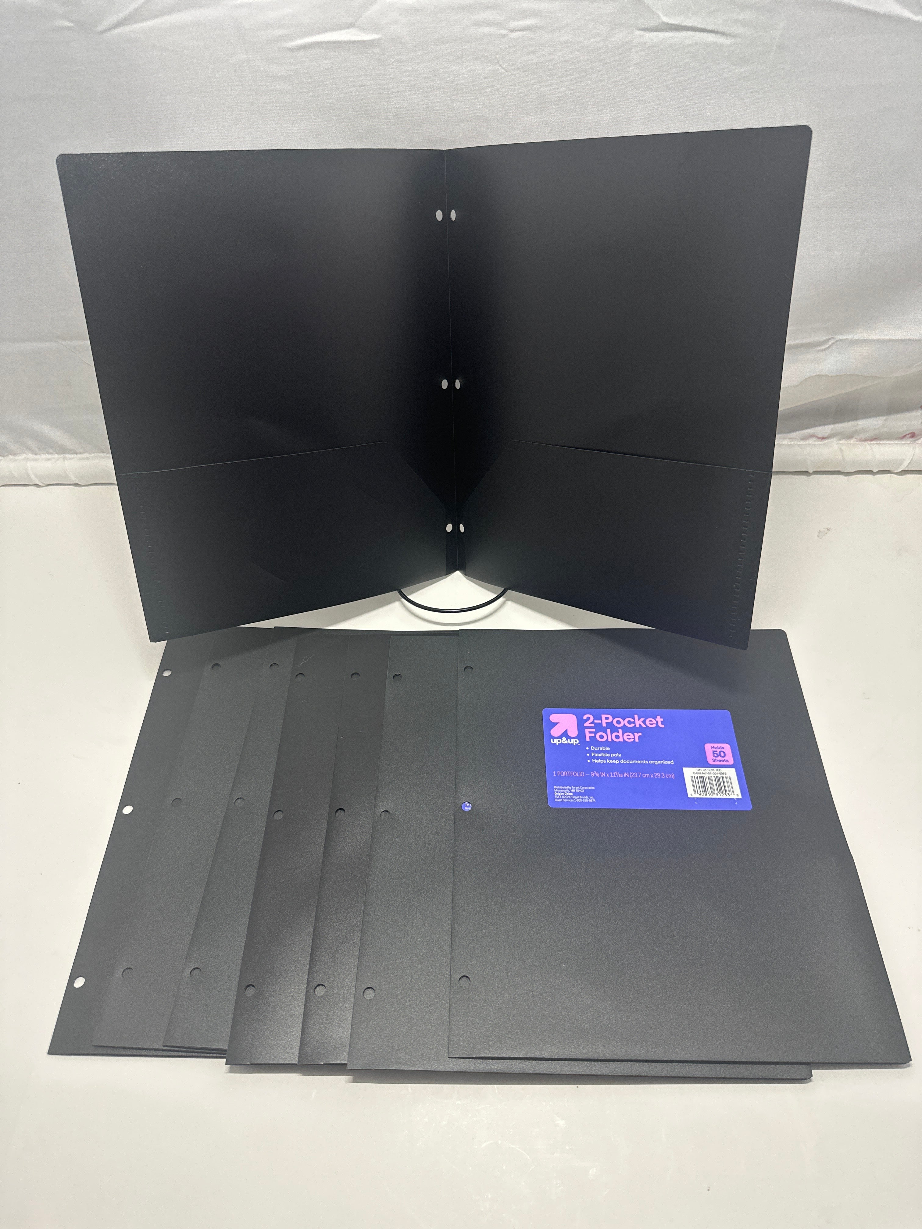 Up&Up 2 Pocket Folders 8 Pack Black Poly 3 Hole Punch Holds 50 Sheets Durable