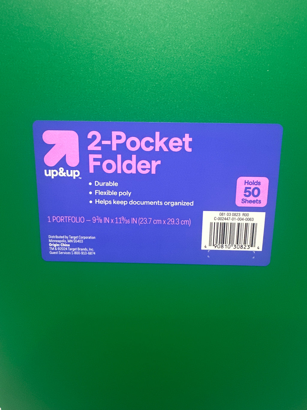 Up&Up 2 Pocket Folders 8 Pack Green Poly 3 Hole Punch Holds 50 Sheets Durable