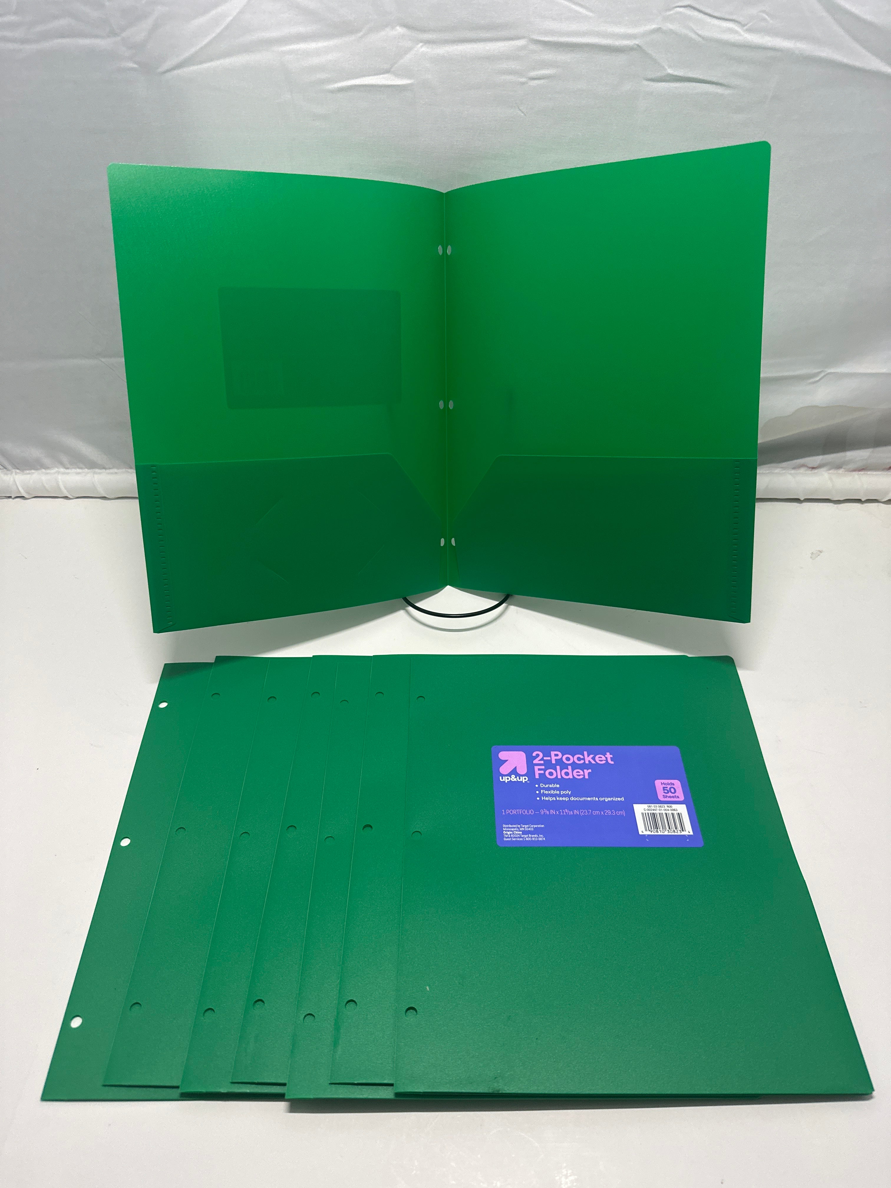 Up&Up 2 Pocket Folders 8 Pack Green Poly 3 Hole Punch Holds 50 Sheets Durable