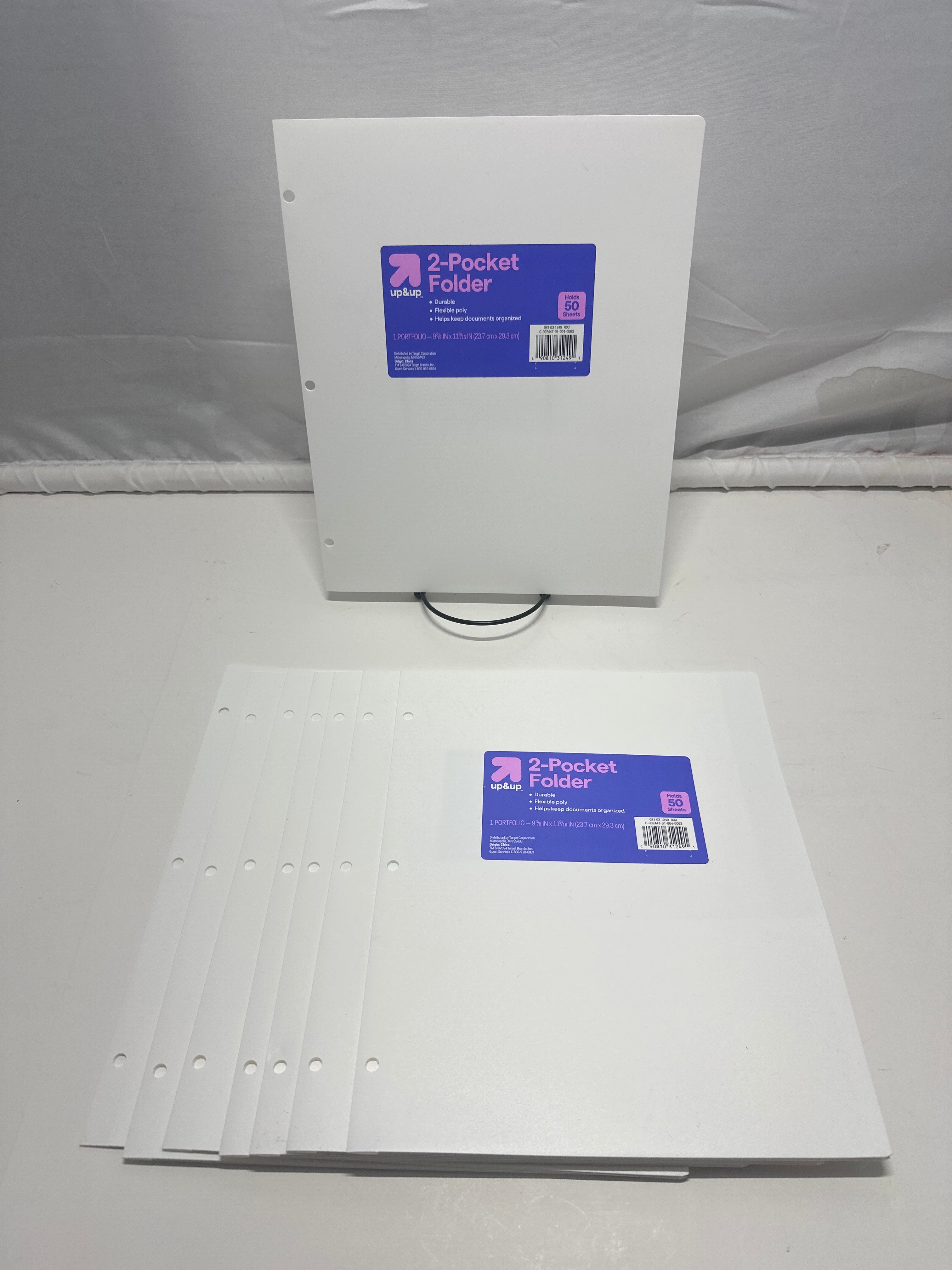 Up&Up 2 Pocket Folders 8 Pack White Poly 3 Hole Punch Holds 50 Sheets Durable