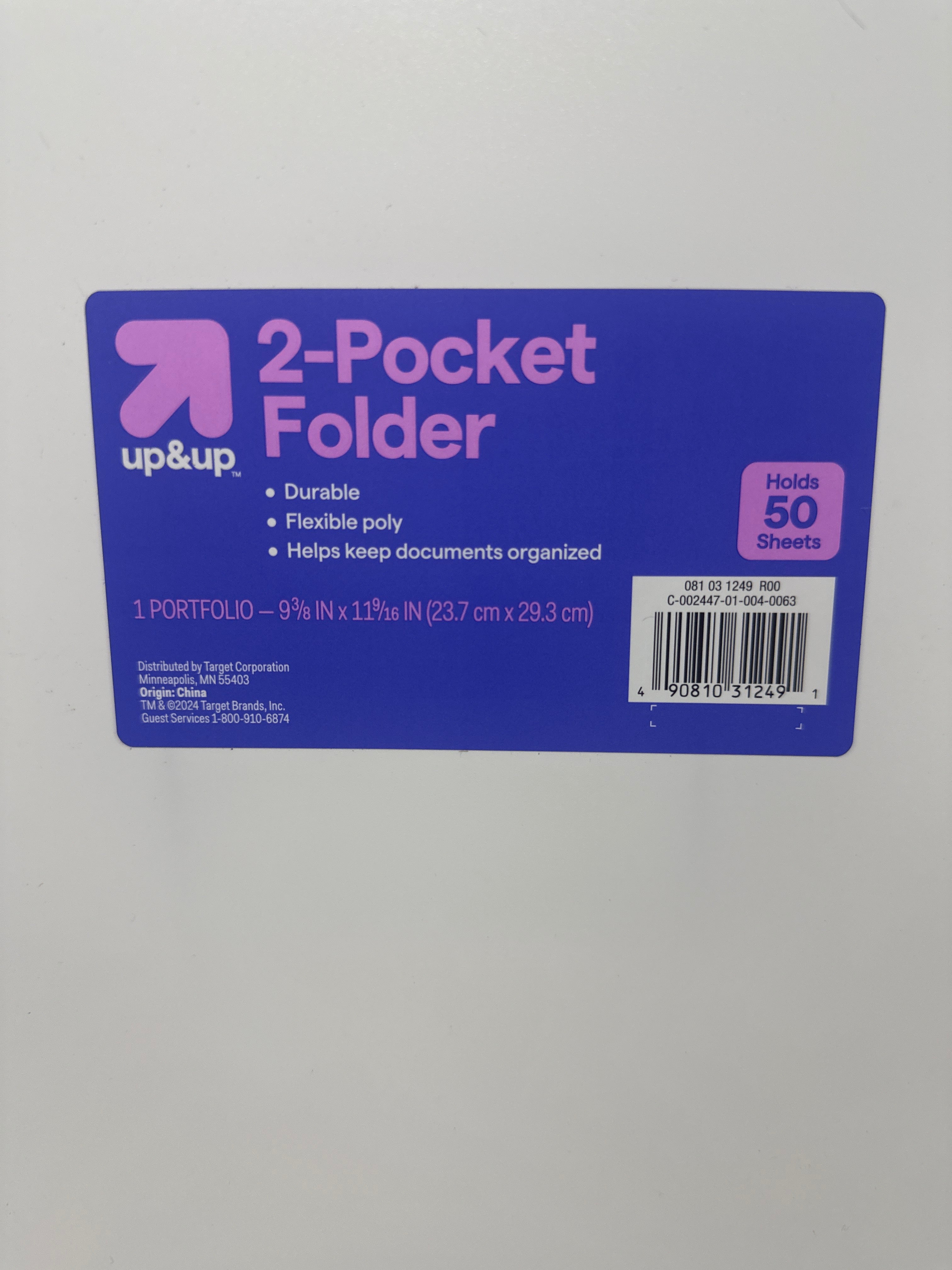 Up&Up 2 Pocket Folders 8 Pack White Poly 3 Hole Punch Holds 50 Sheets Durable