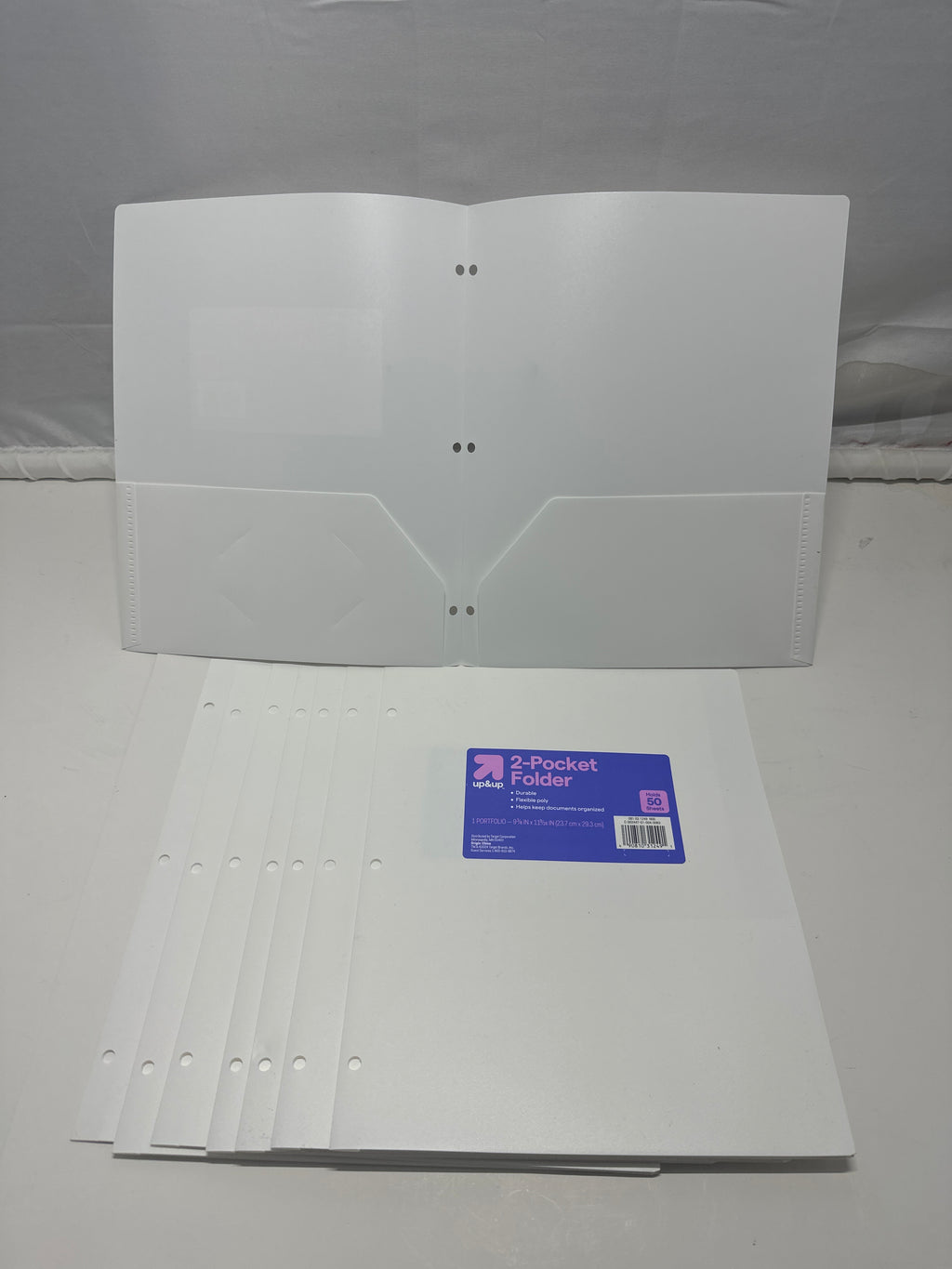 Up&Up 2 Pocket Folders 8 Pack White Poly 3 Hole Punch Holds 50 Sheets Durable