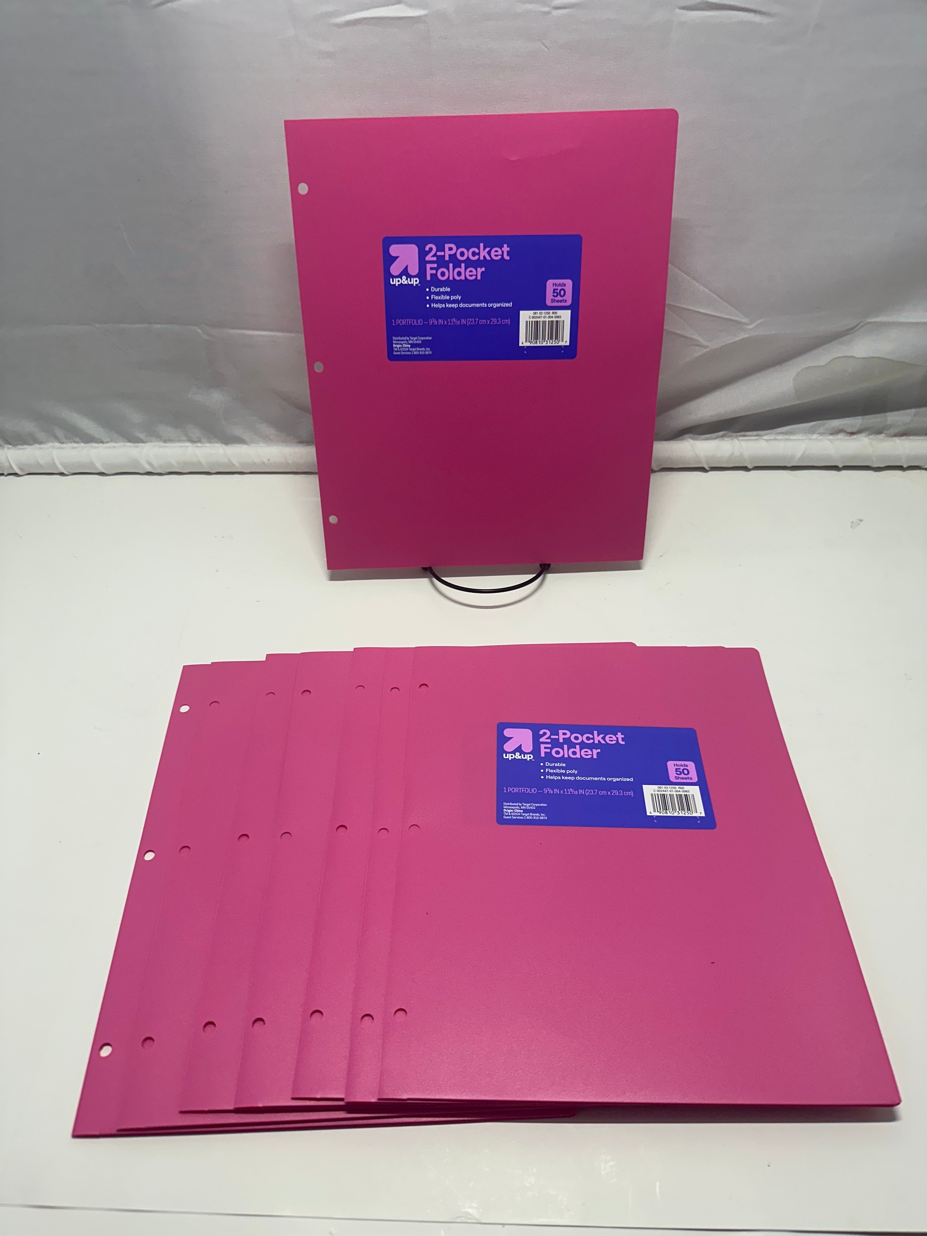 Up&Up 2 Pocket Folders 8 Pack Pink Poly 3 Hole Punch Holds 50 Sheets Durable