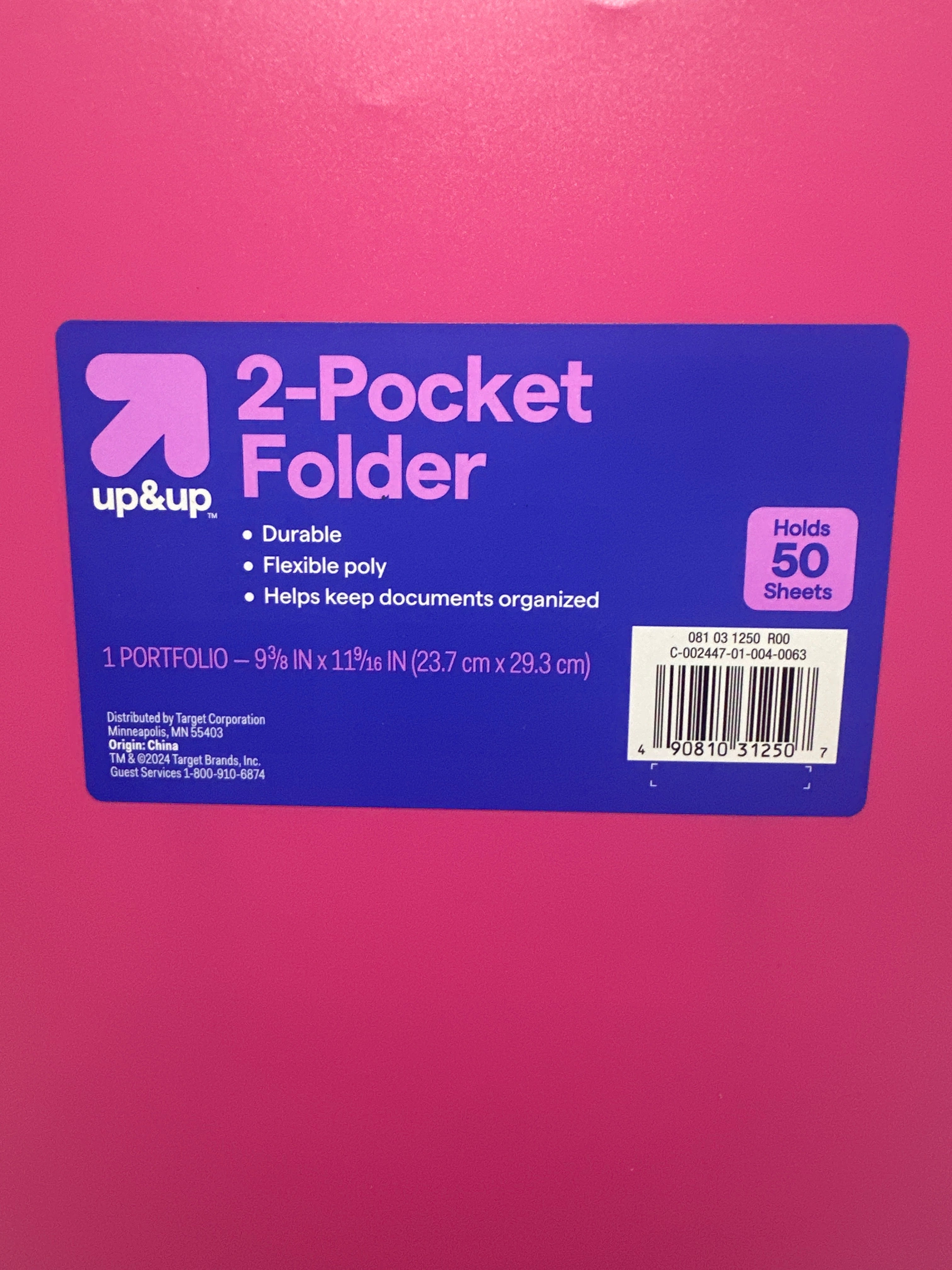 Up&Up 2 Pocket Folders 8 Pack Pink Poly 3 Hole Punch Holds 50 Sheets Durable