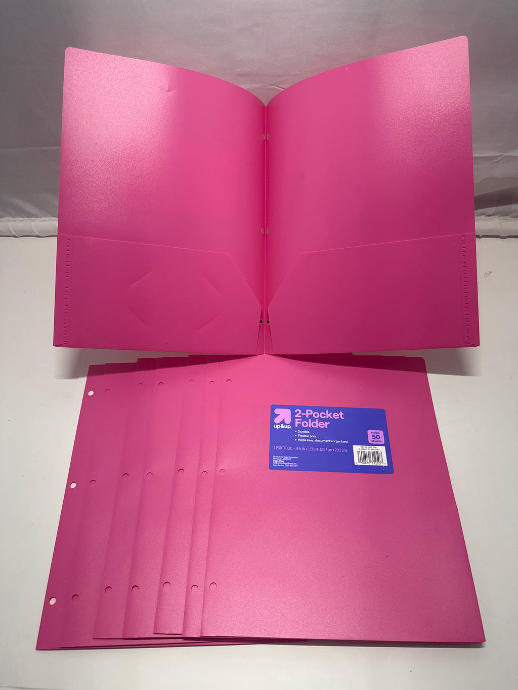 Up&Up 2 Pocket Folders 8 Pack Pink Poly 3 Hole Punch Holds 50 Sheets Durable