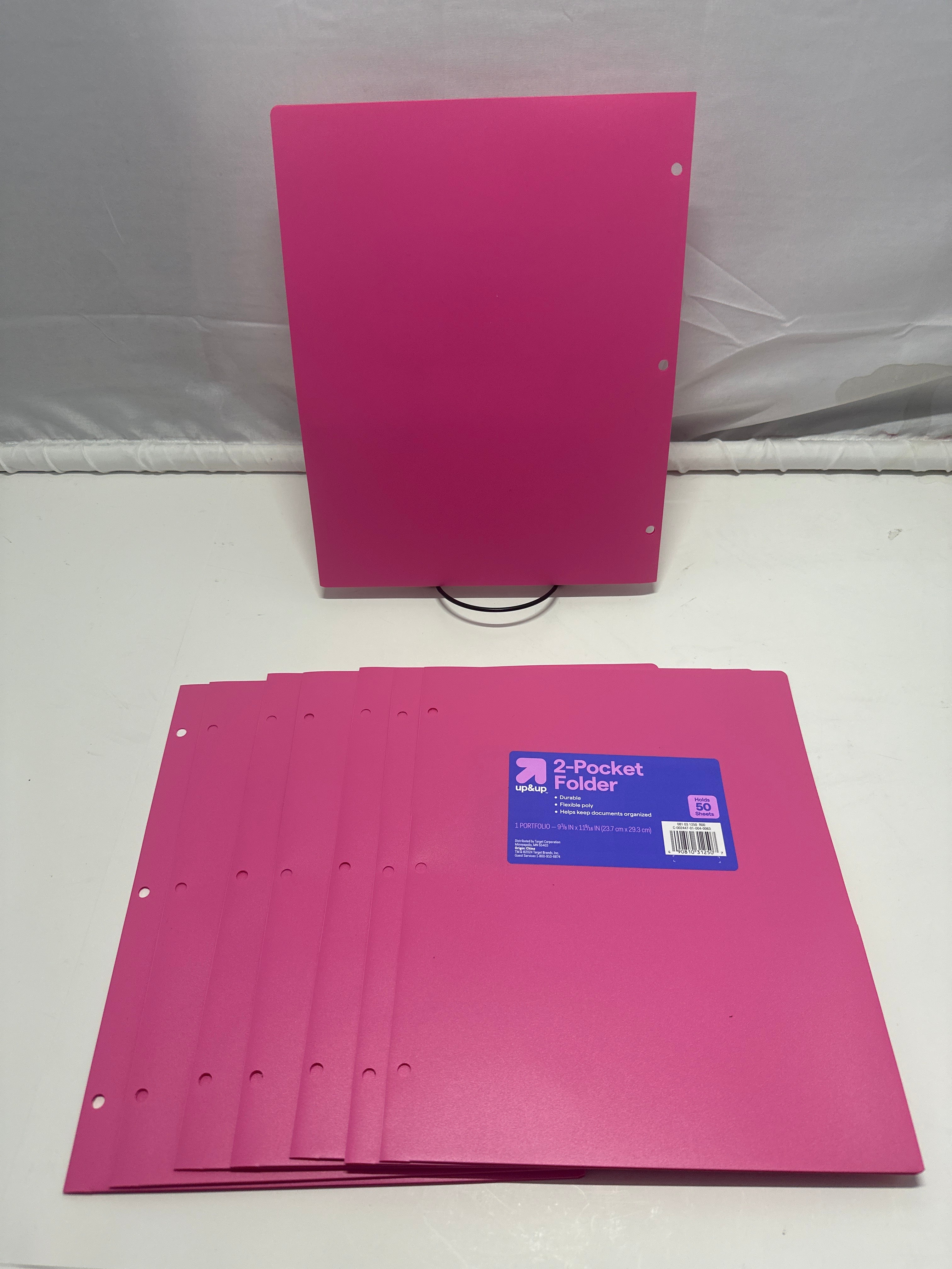 Up&Up 2 Pocket Folders 8 Pack Pink Poly 3 Hole Punch Holds 50 Sheets Durable