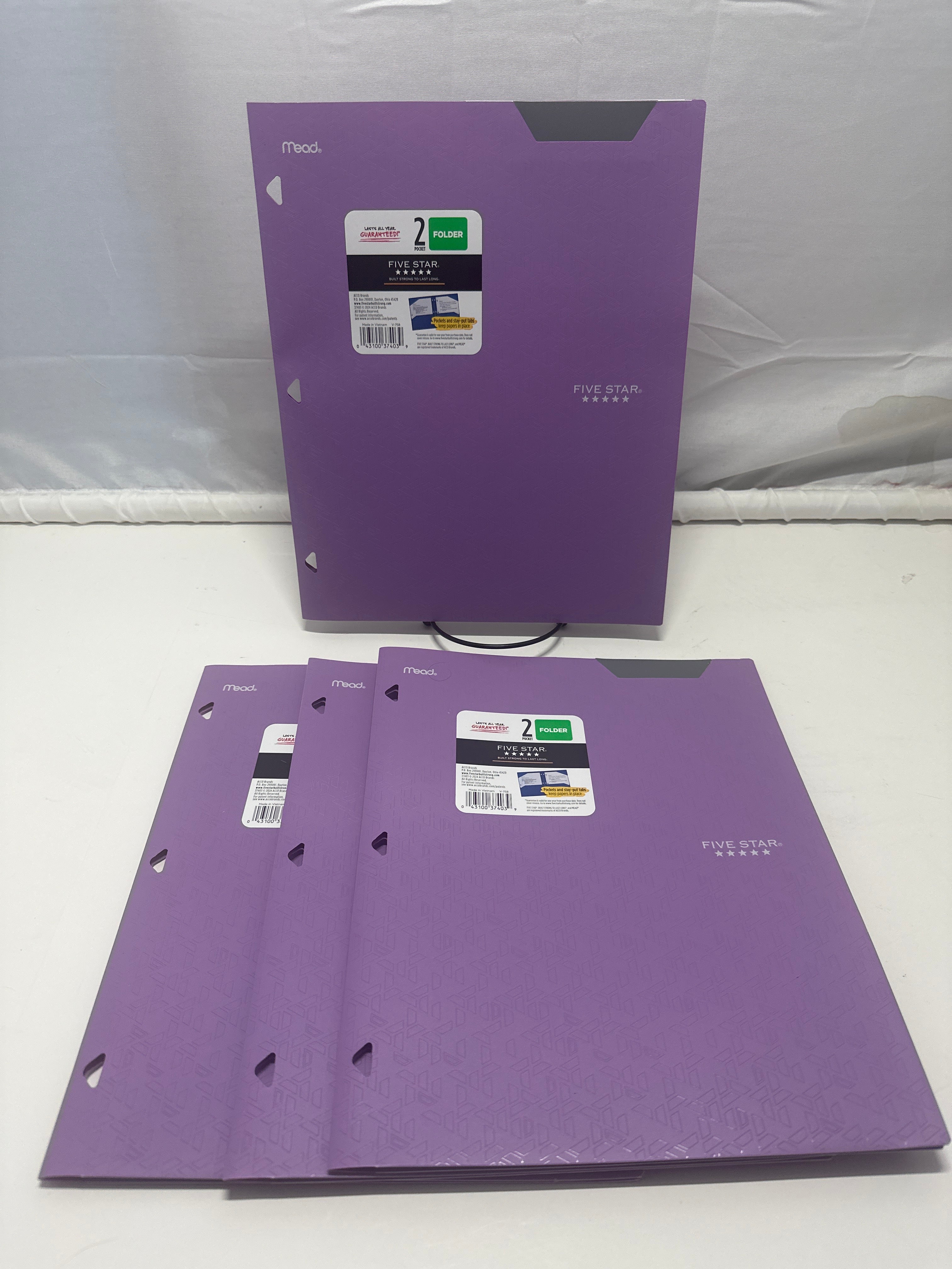 Mead Five Star 2 Pocket Poly Folders 4 Pack Purple Durable 3 Hole Punch School