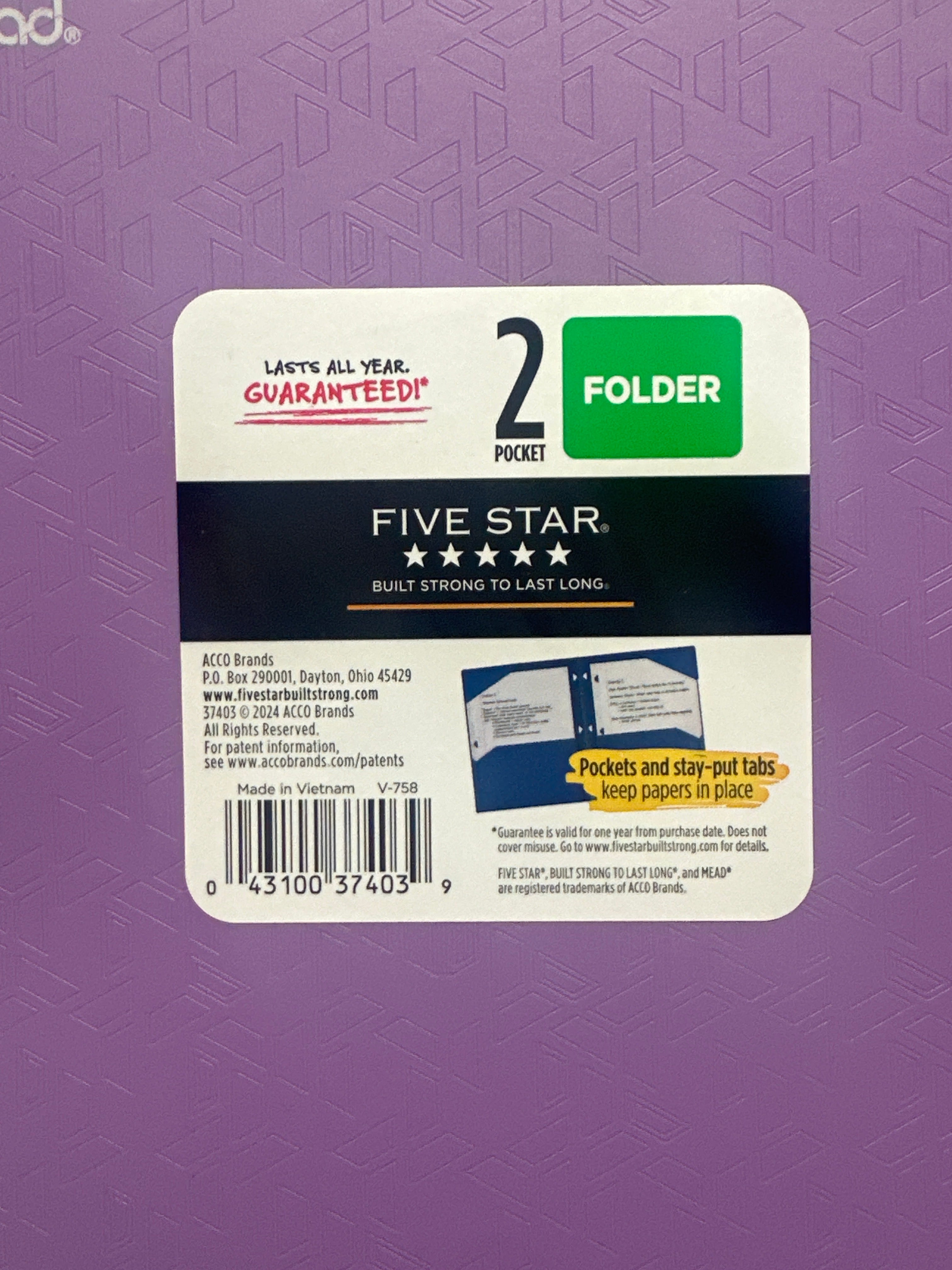 Mead Five Star 2 Pocket Poly Folders 4 Pack Purple Durable 3 Hole Punch School