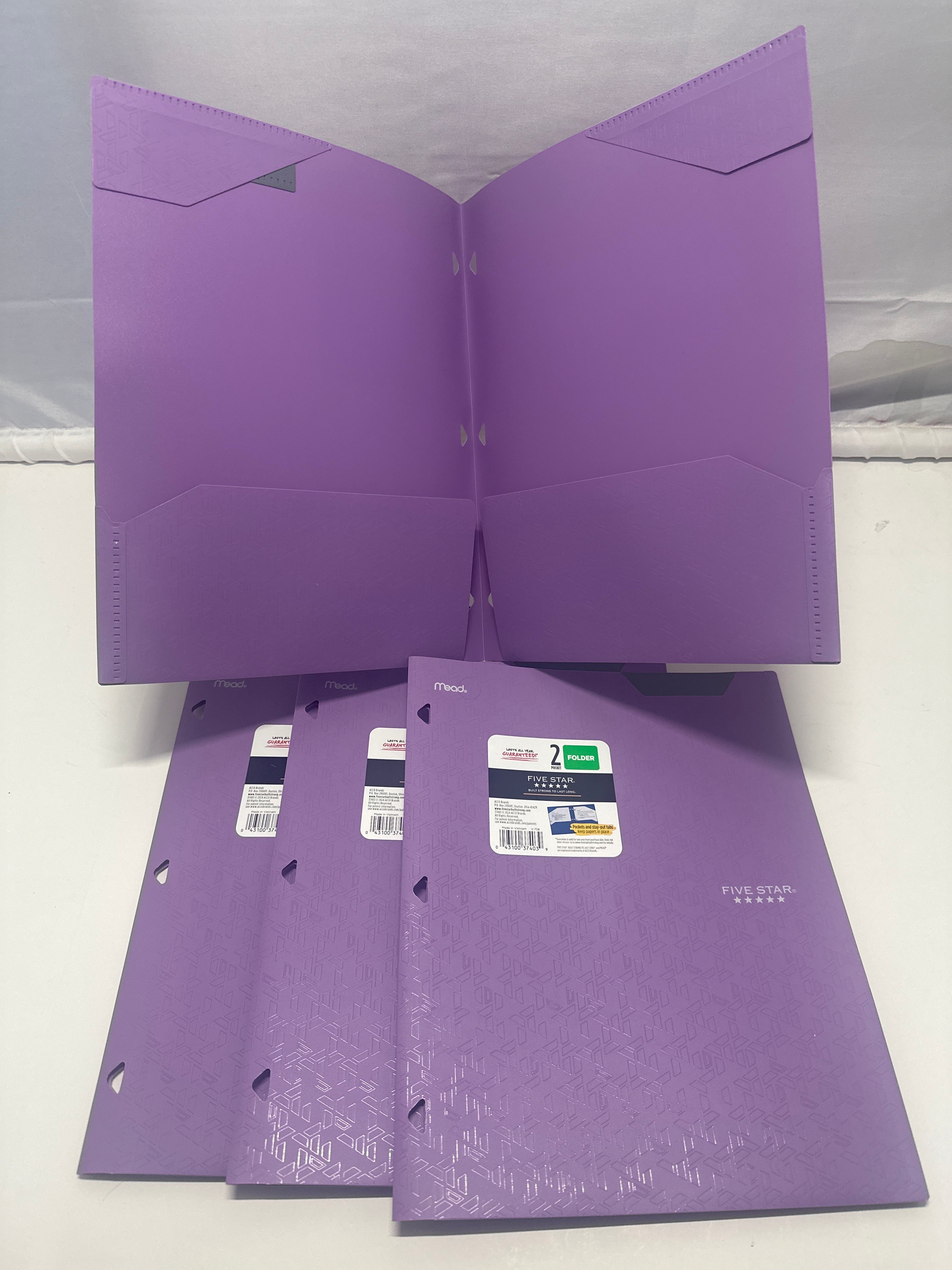 Mead Five Star 2 Pocket Poly Folders 4 Pack Purple Durable 3 Hole Punch School