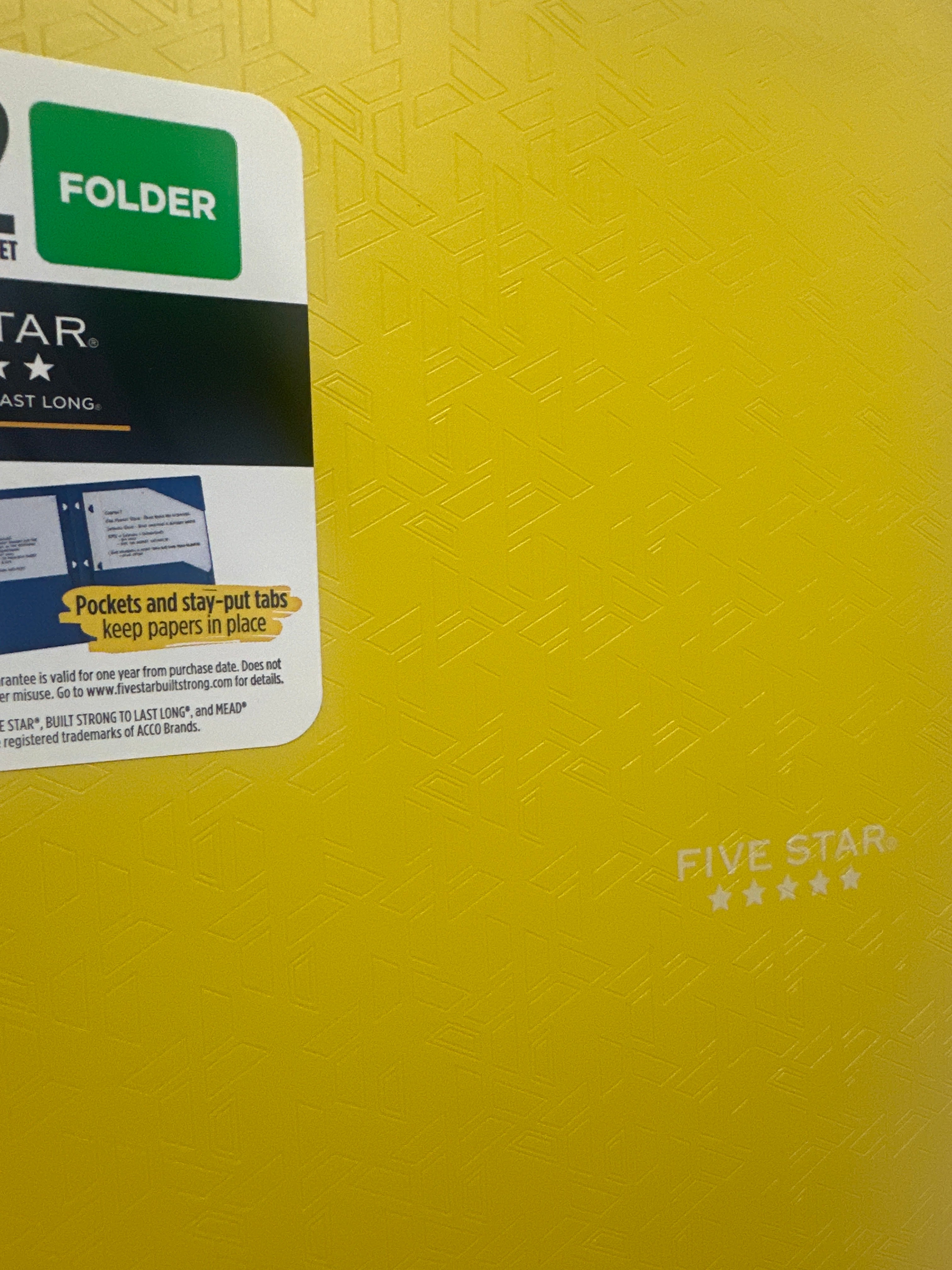 Mead Five Star 2 Pocket Poly Folders 4 Pack Yellow Durable 3 Hole Punch School