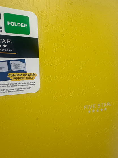 Mead Five Star 2 Pocket Poly Folders 4 Pack Yellow Durable 3 Hole Punch School