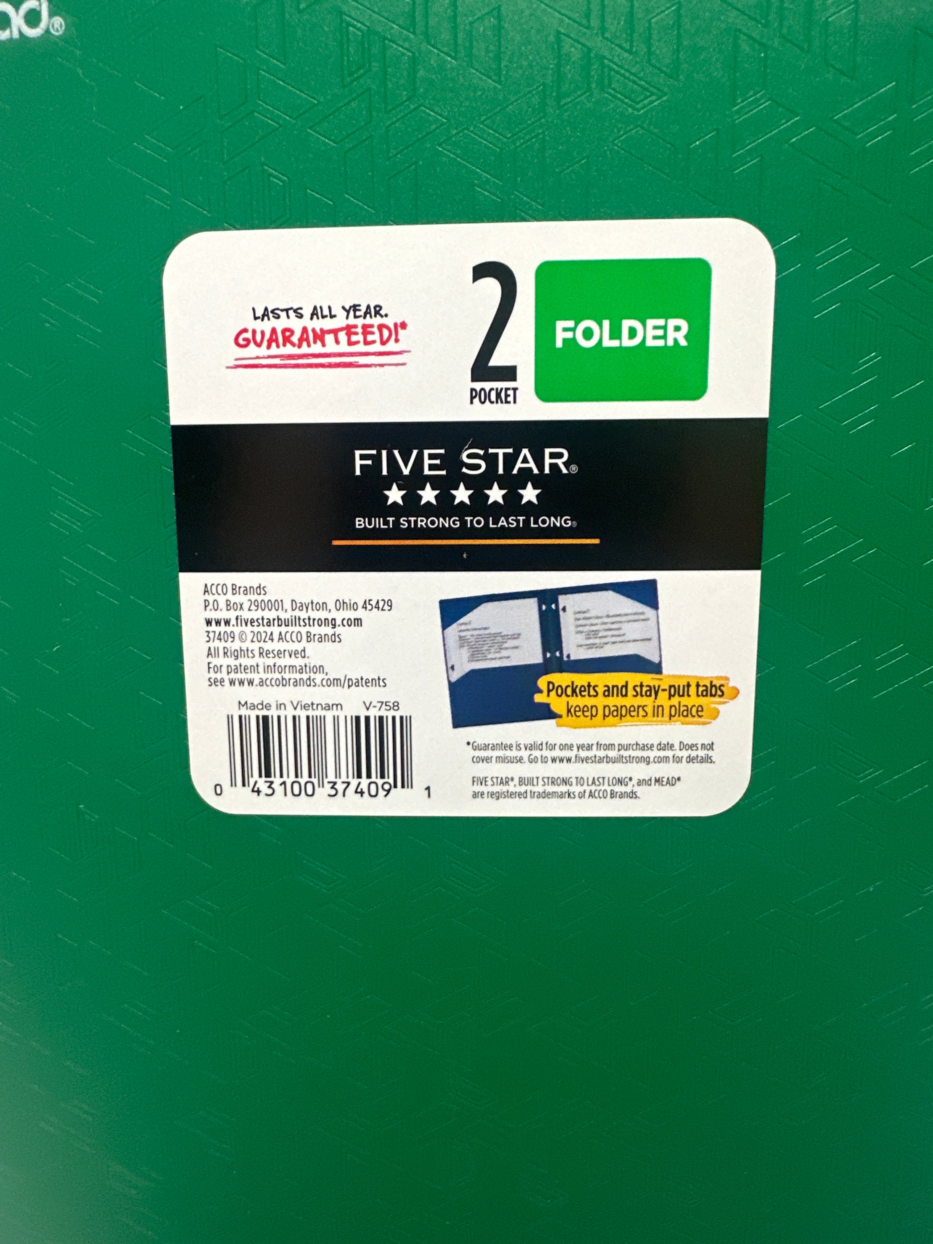 Mead Five Star 2 Pocket Poly Folders 4 Pack Green Durable 3 Hole Punch School