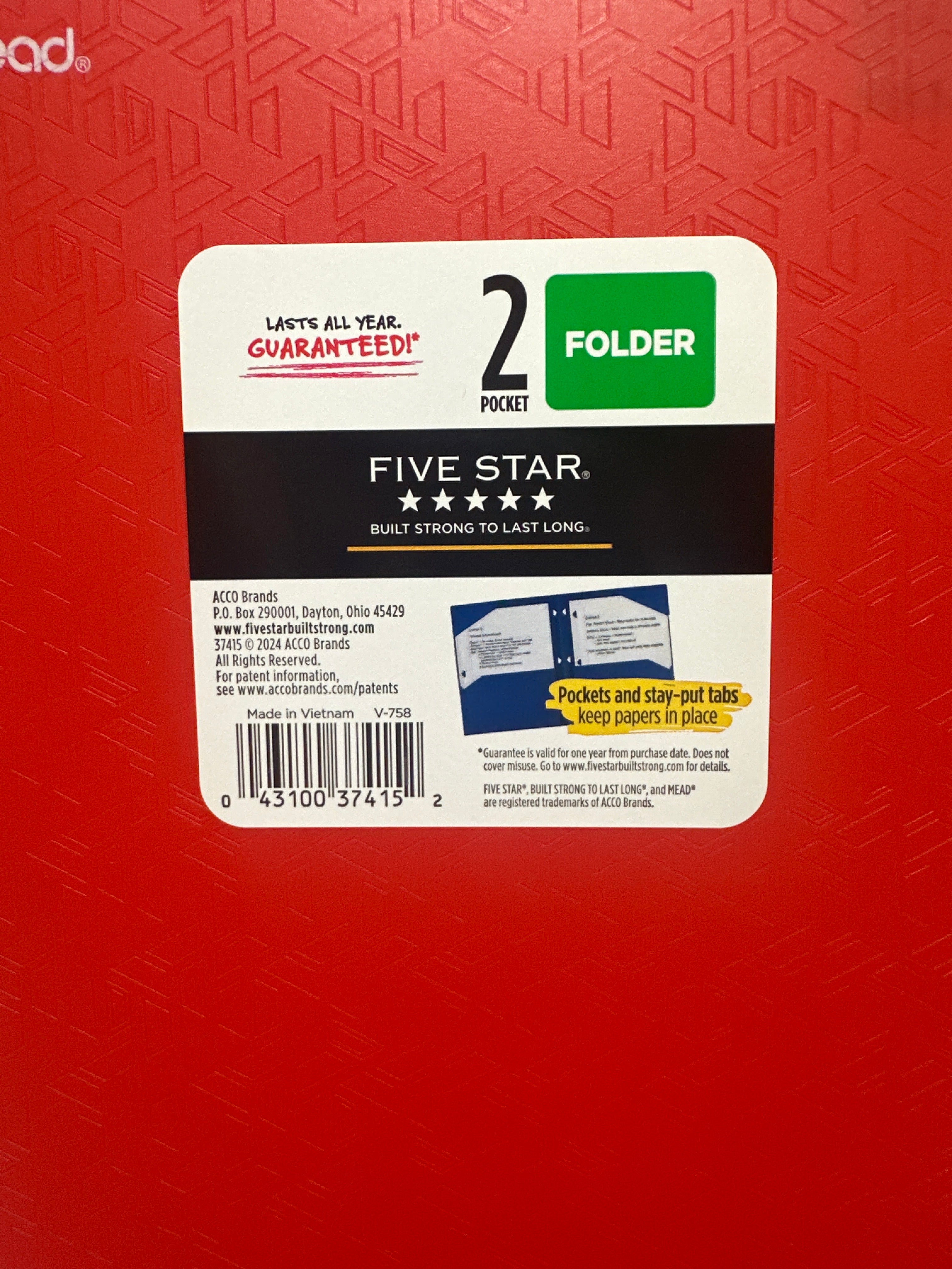 Mead Five Star 2 Pocket Poly Folders 4 Pack Red Durable 3 Hole Punch School