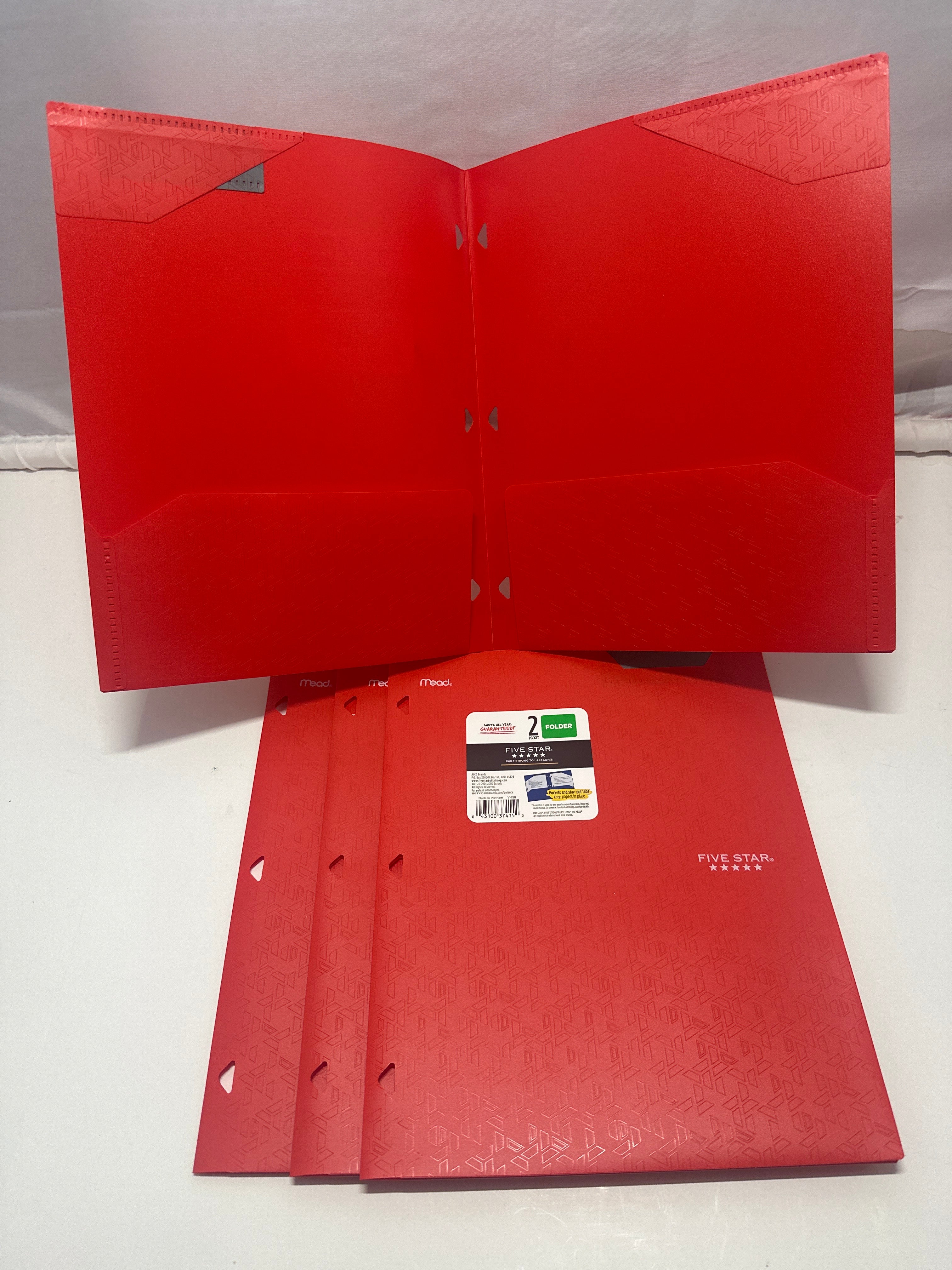 Mead Five Star 2 Pocket Poly Folders 4 Pack Red Durable 3 Hole Punch School