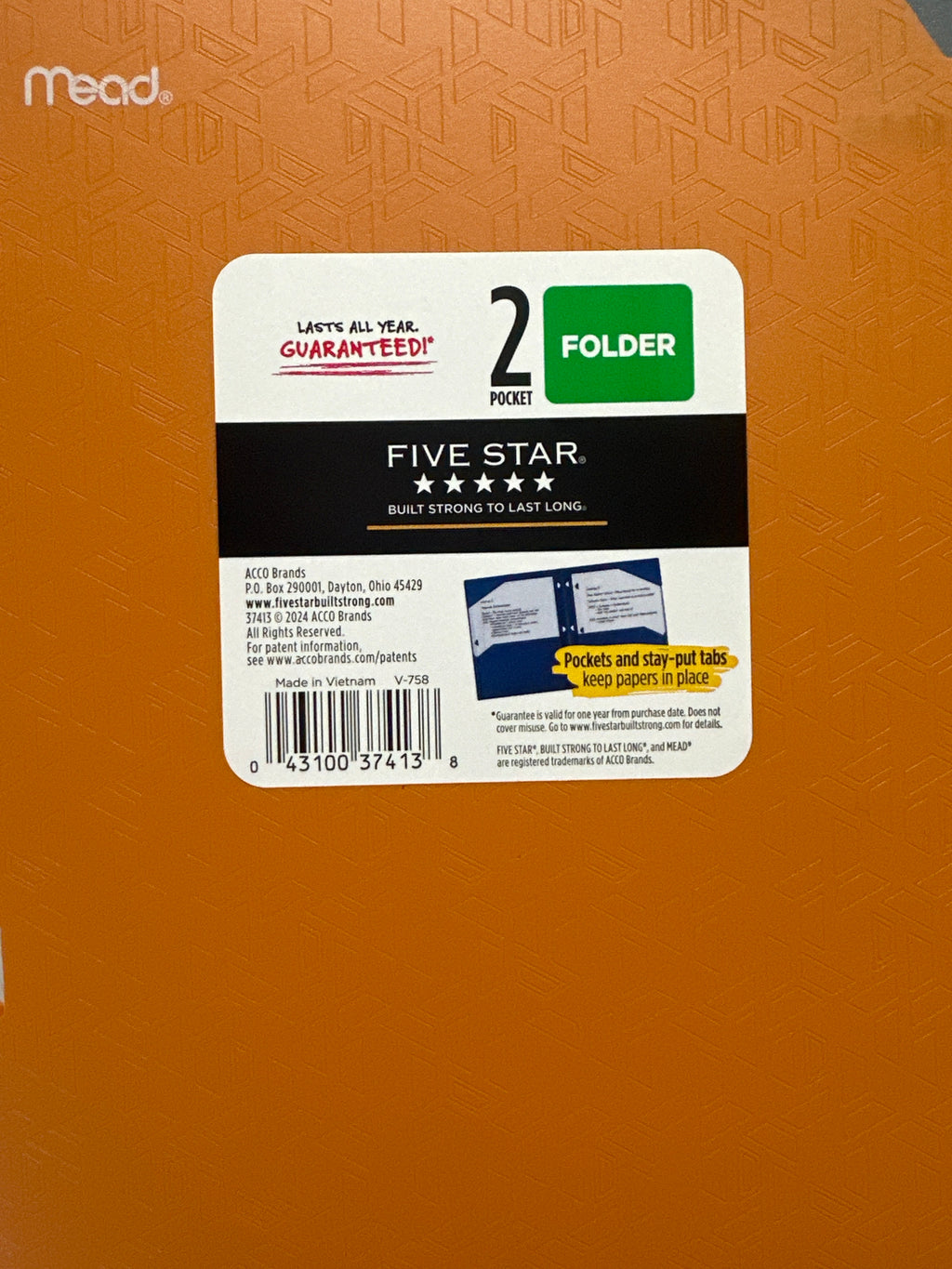 Mead Five Star 2 Pocket Poly Folders 4 Pack Orange Durable 3 Hole Punch School