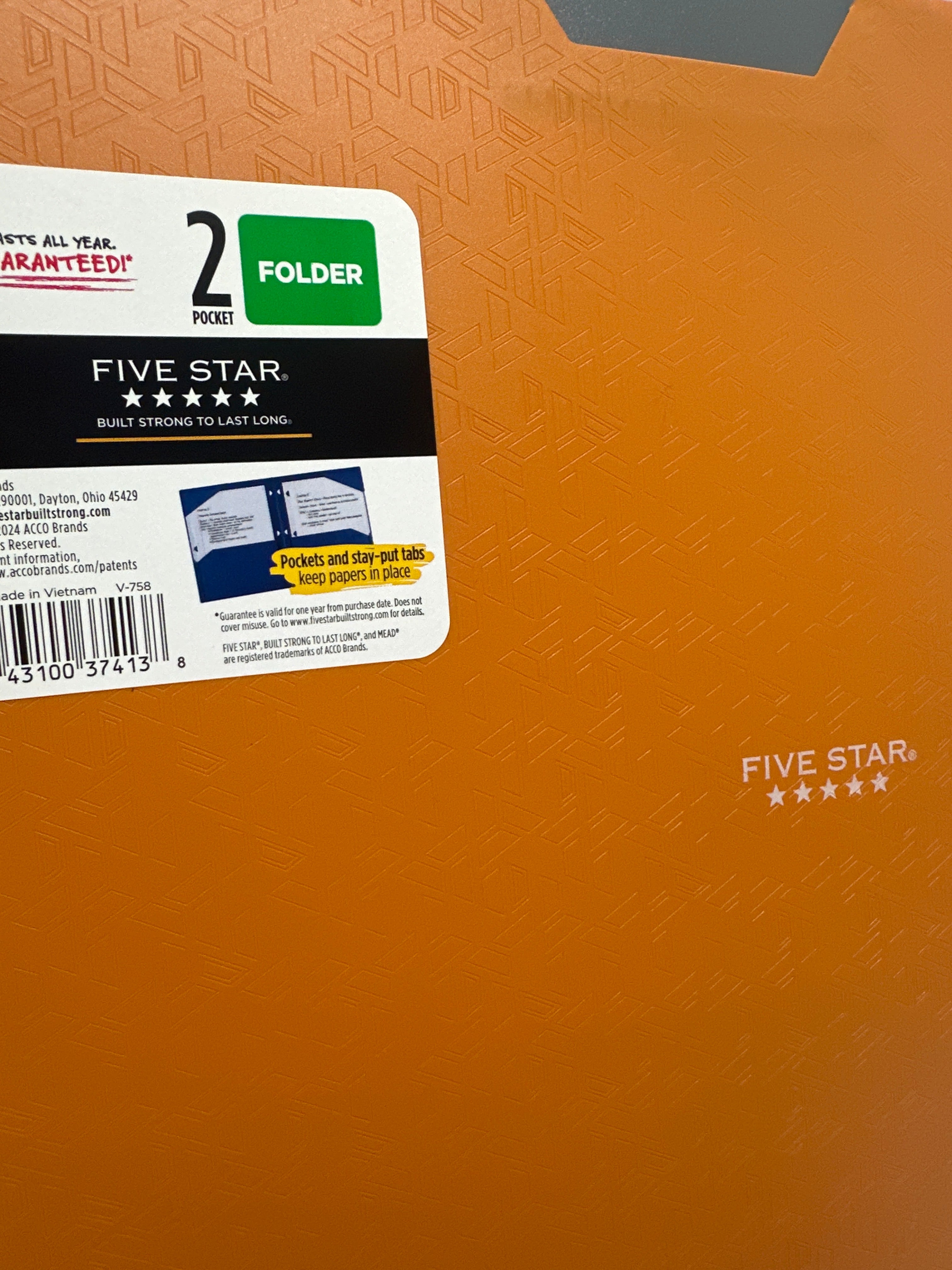 Mead Five Star 2 Pocket Poly Folders 4 Pack Orange Durable 3 Hole Punch School
