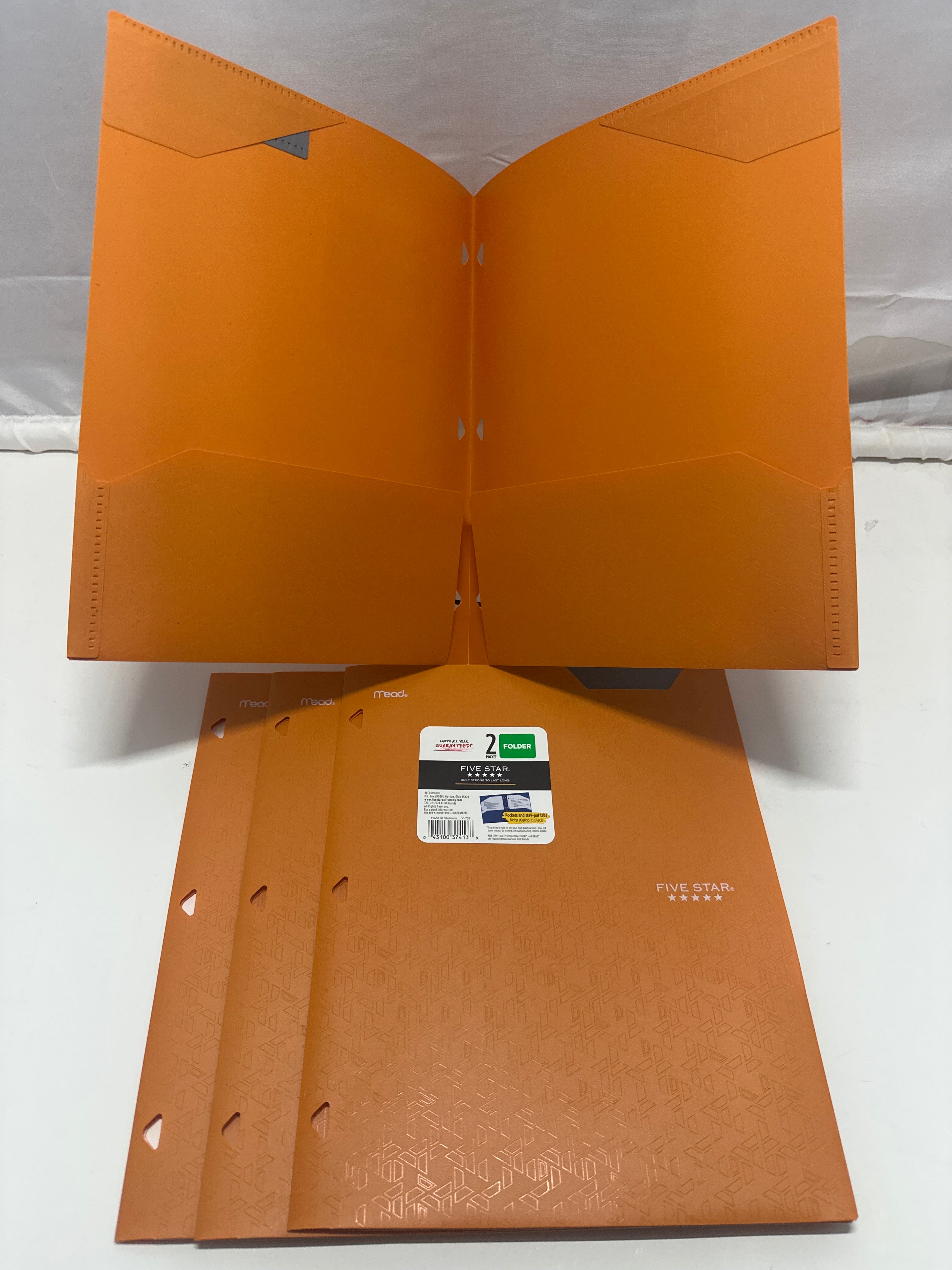 Mead Five Star 2 Pocket Poly Folders 4 Pack Orange Durable 3 Hole Punch School