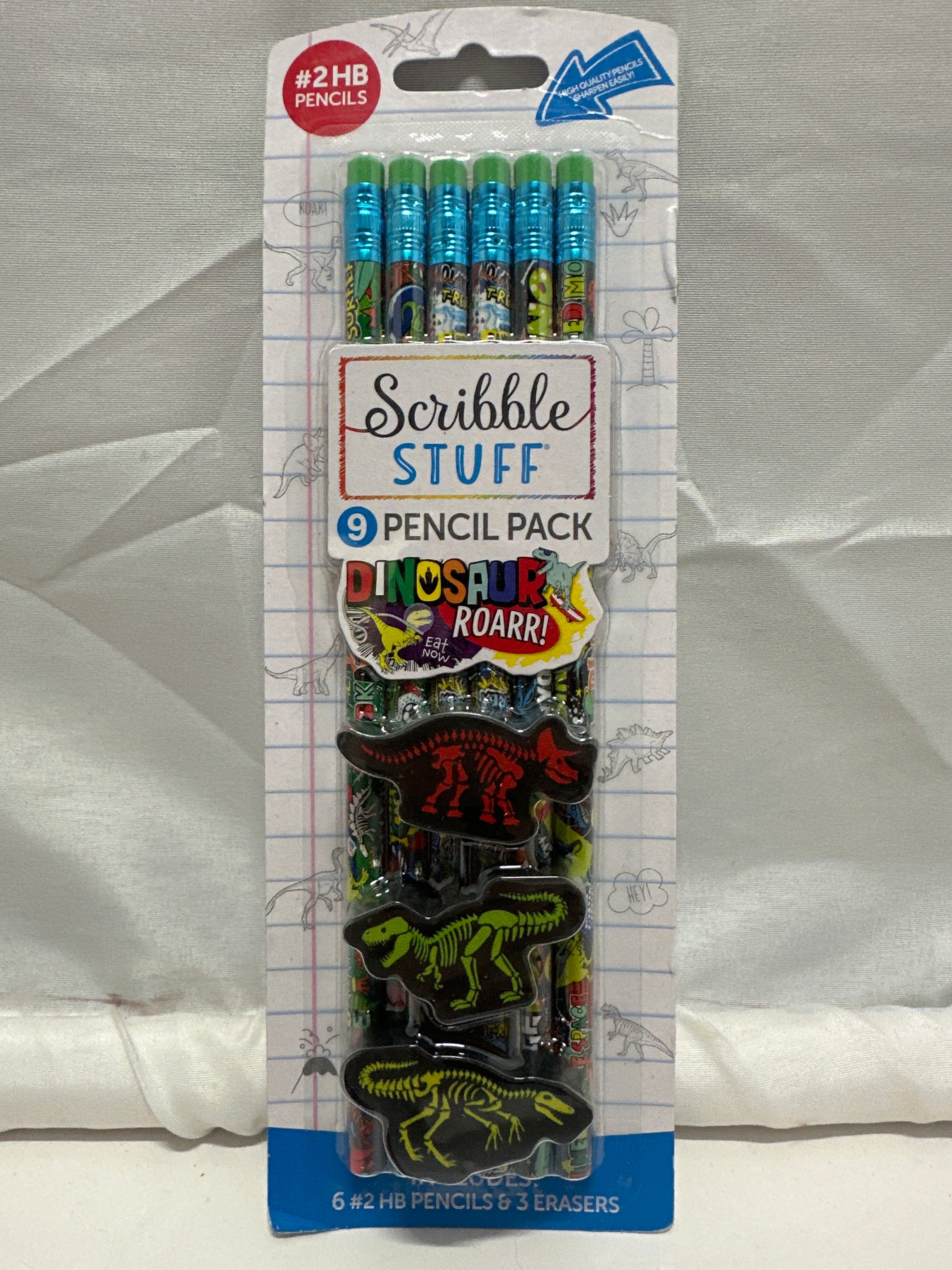 Scribble Stuff Dinosaur Roarr Pencil & Eraser Set 6 HB Pencils 3 Dino Erasers