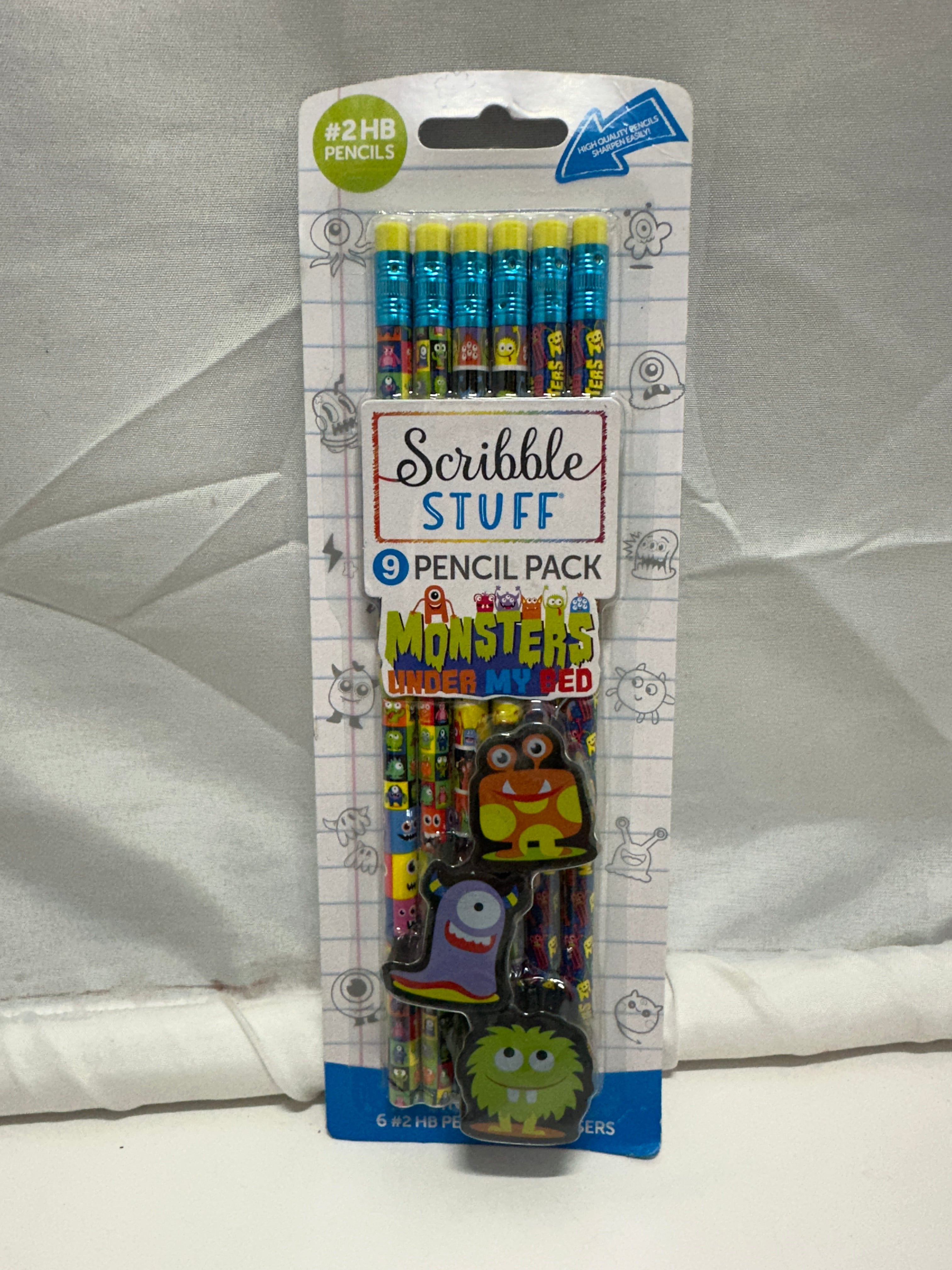 Scribble Stuff Monsters Under My Bed Pencil & Eraser Set 6 HB Pencils 3 Erasers