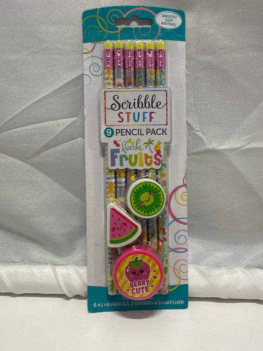 Scribble Stuff Fresh Fruits Pencil Set 6 HB Pencils 2 Erasers Sharpener